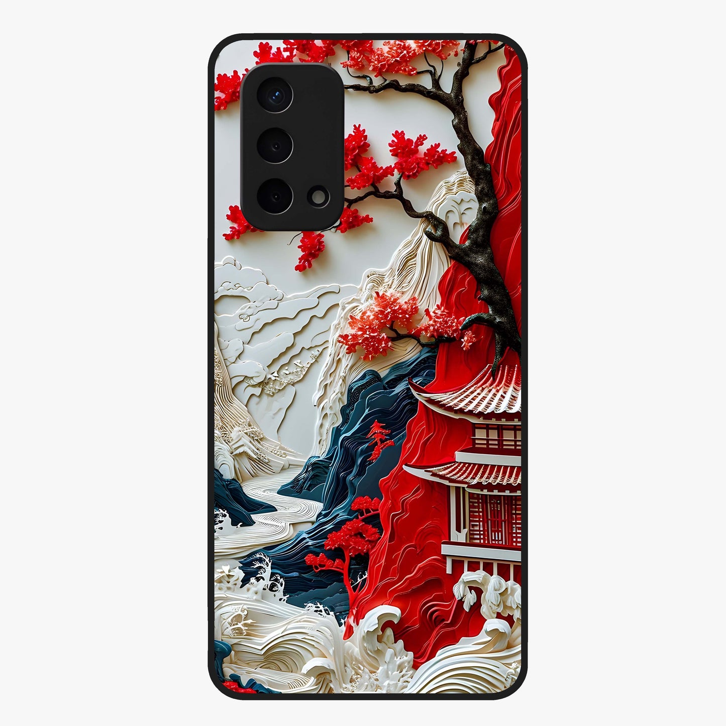 Whispers Of Sakura Waves Glass Case showing flat back view with cherry blossom wave artwork and glossy glass finish.