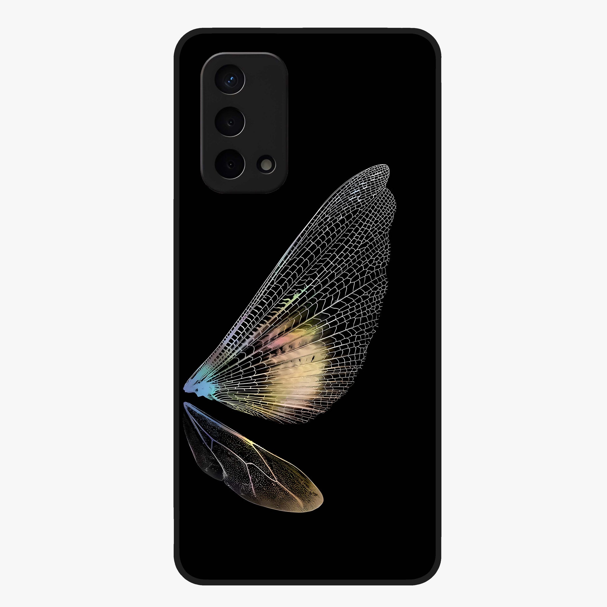 Whispers Of Wings Glass Case showing flat back view with graceful wing inspired artwork and glossy glass finish.
