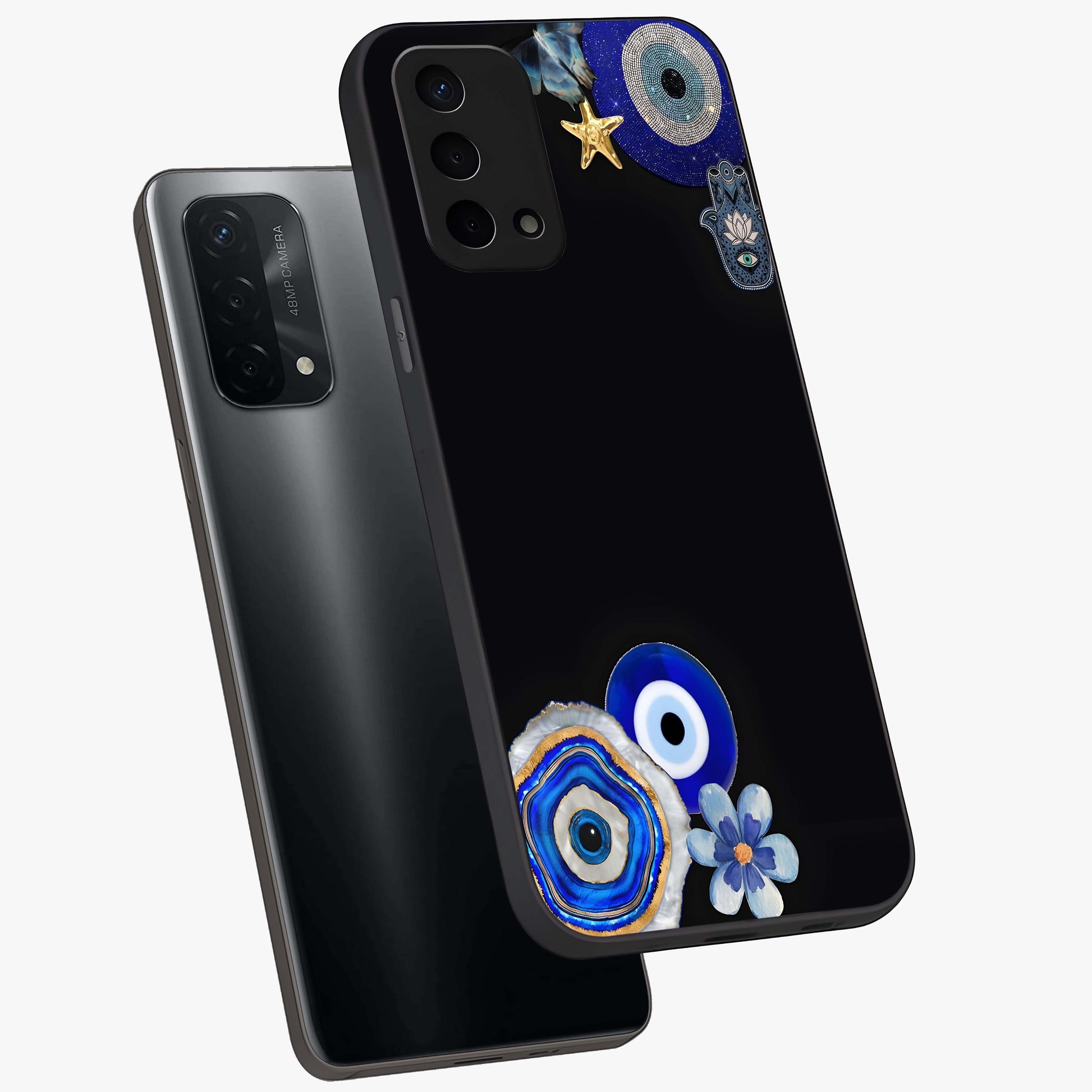 Aesthetic Blue Evil Eye Glass Case displayed in angled mockup highlighting blue evil eye symbol and spiritual aesthetic design.