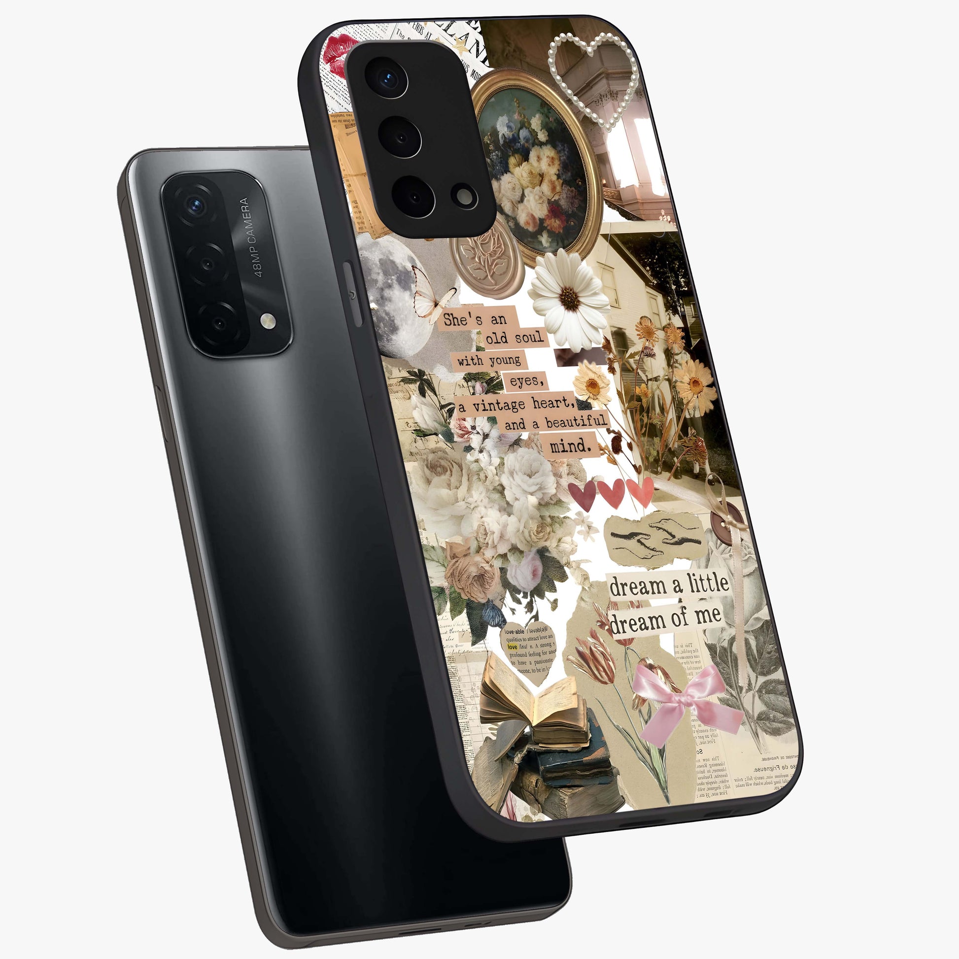 Aesthetic Brown Vintage Collage Glass Case displayed in angled mockup highlighting vintage aesthetic collage design.