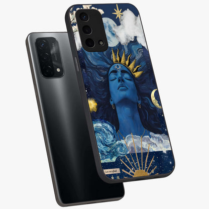 Aesthetic Lord Shiva Glass Case displayed in angled mockup highlighting spiritual Shiva illustration and sacred aesthetic design.