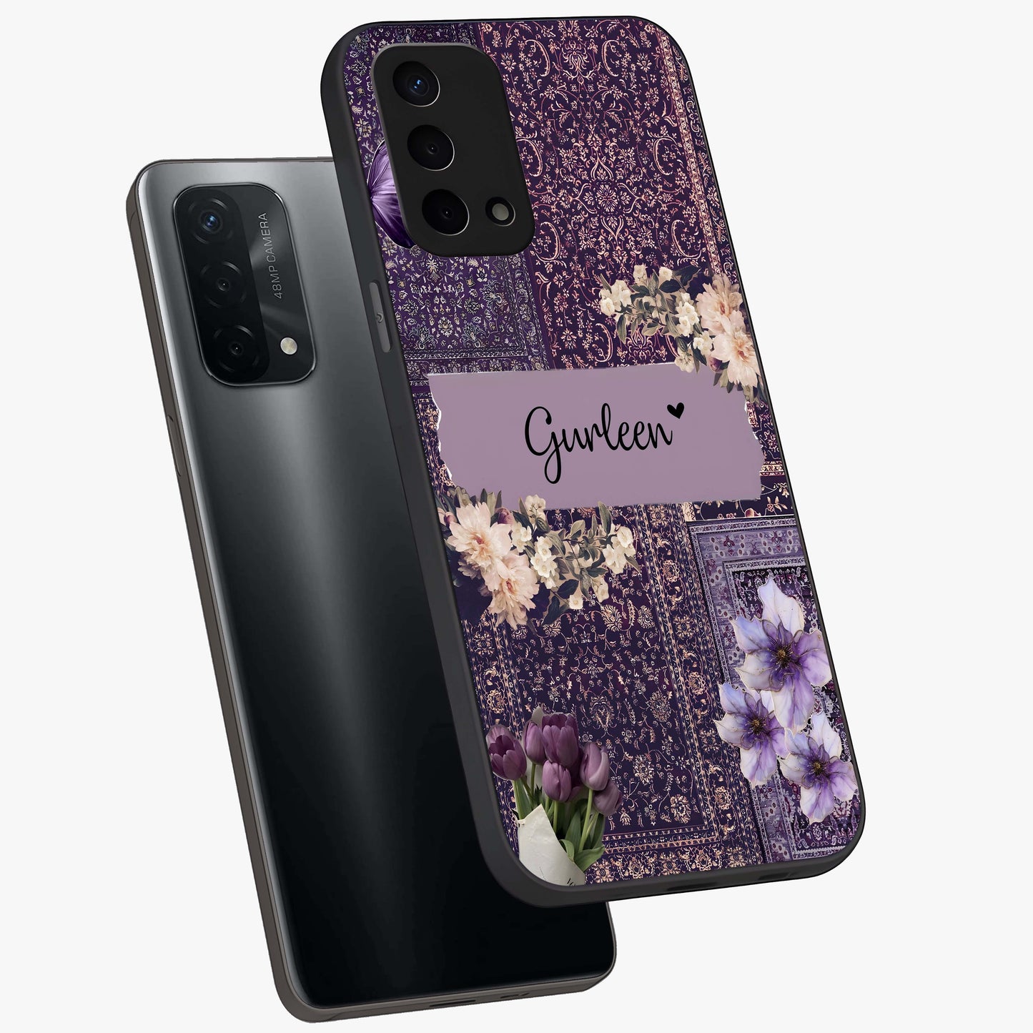 Antique Floral Whisper Custom Name Glass Case displayed in angled mockup highlighting elegant antique floral aesthetic.