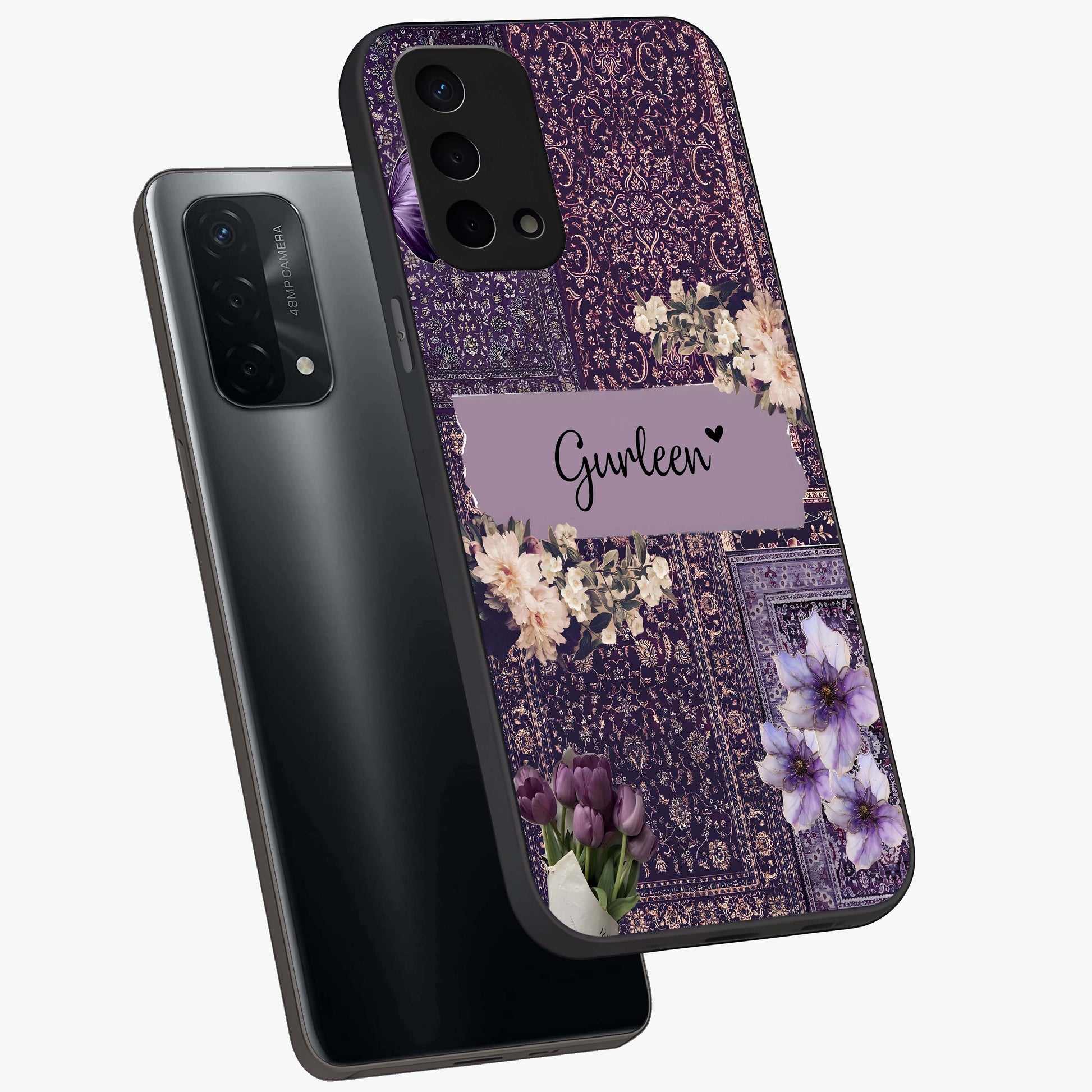 Antique Floral Whisper Custom Name Glass Case displayed in angled mockup highlighting elegant antique floral aesthetic.
