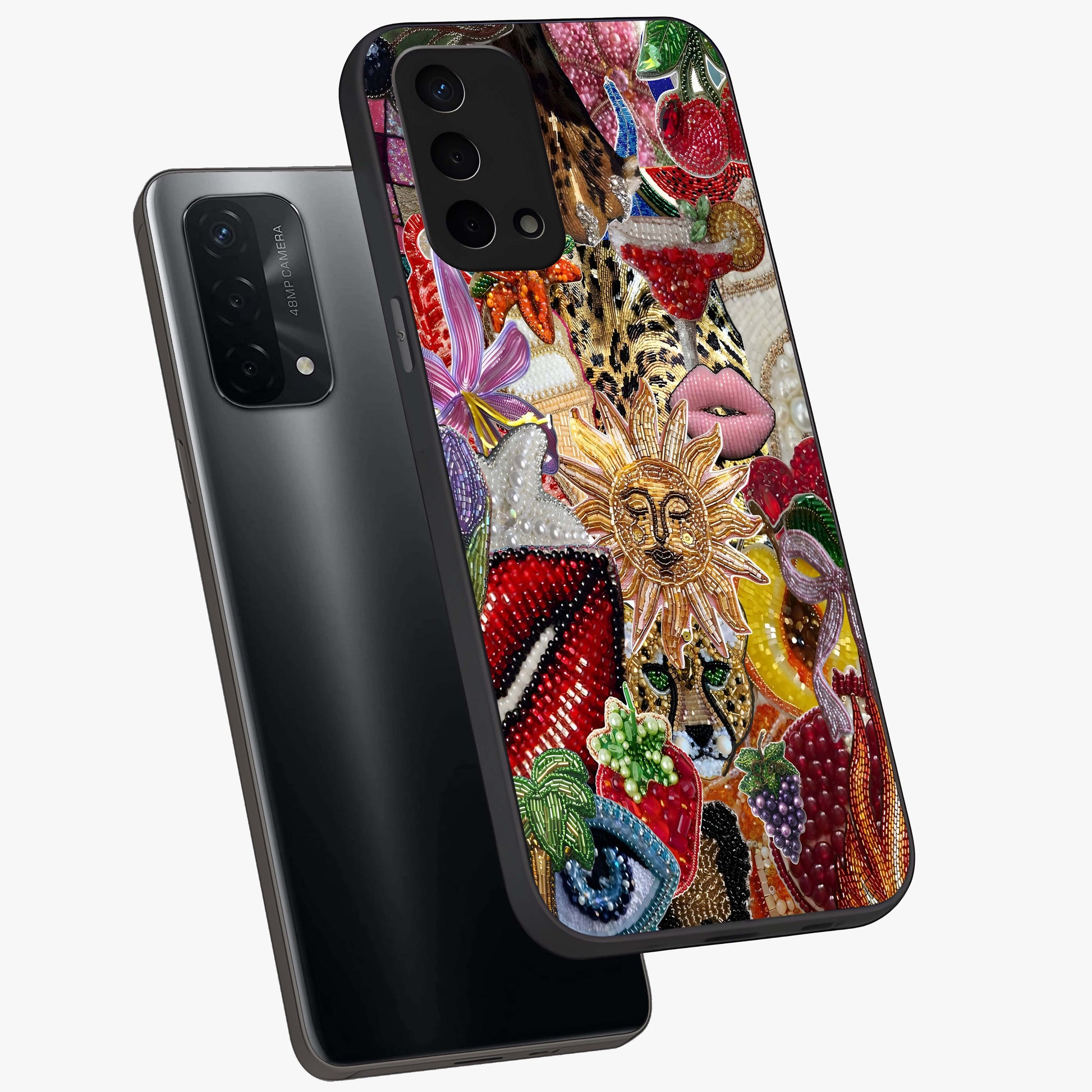 Beaded Fashion Jungle Glass Case displayed in angled mockup highlighting colorful fashion bead design and artistic pattern.