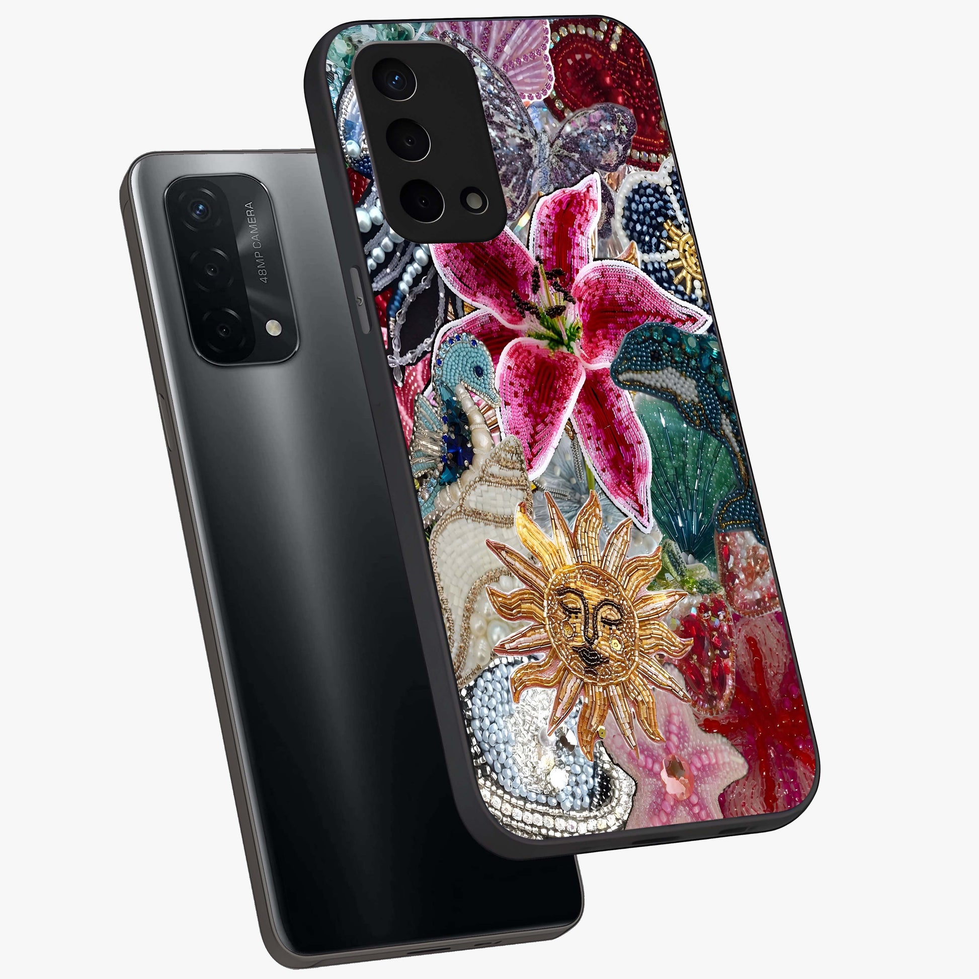 Beaded Garden Fantasy Glass Case displayed in angled mockup highlighting fantasy inspired floral bead pattern.