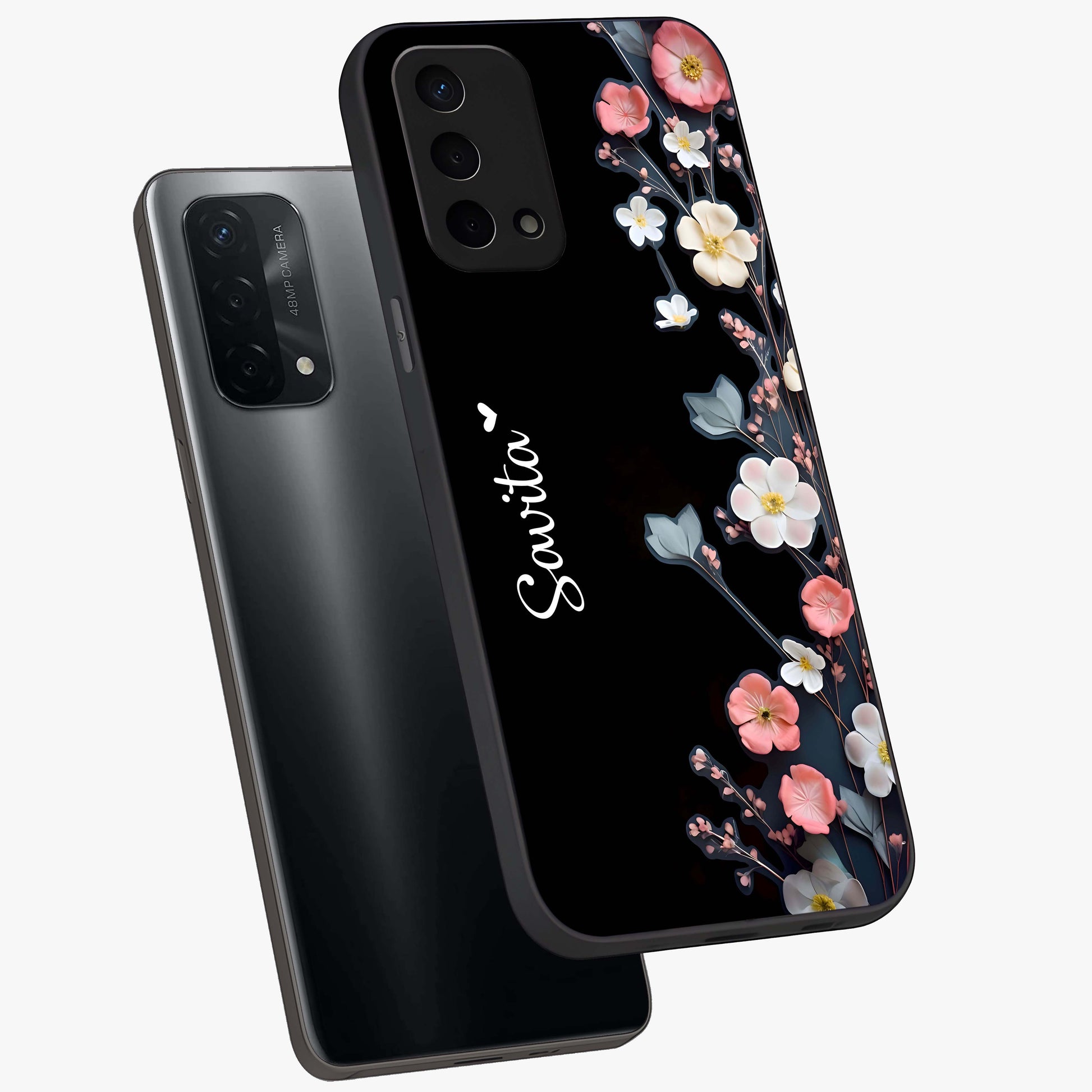 Black Elegance Floral Custom Name Glass Case displayed in angled mockup highlighting dark floral aesthetic and custom name feature.