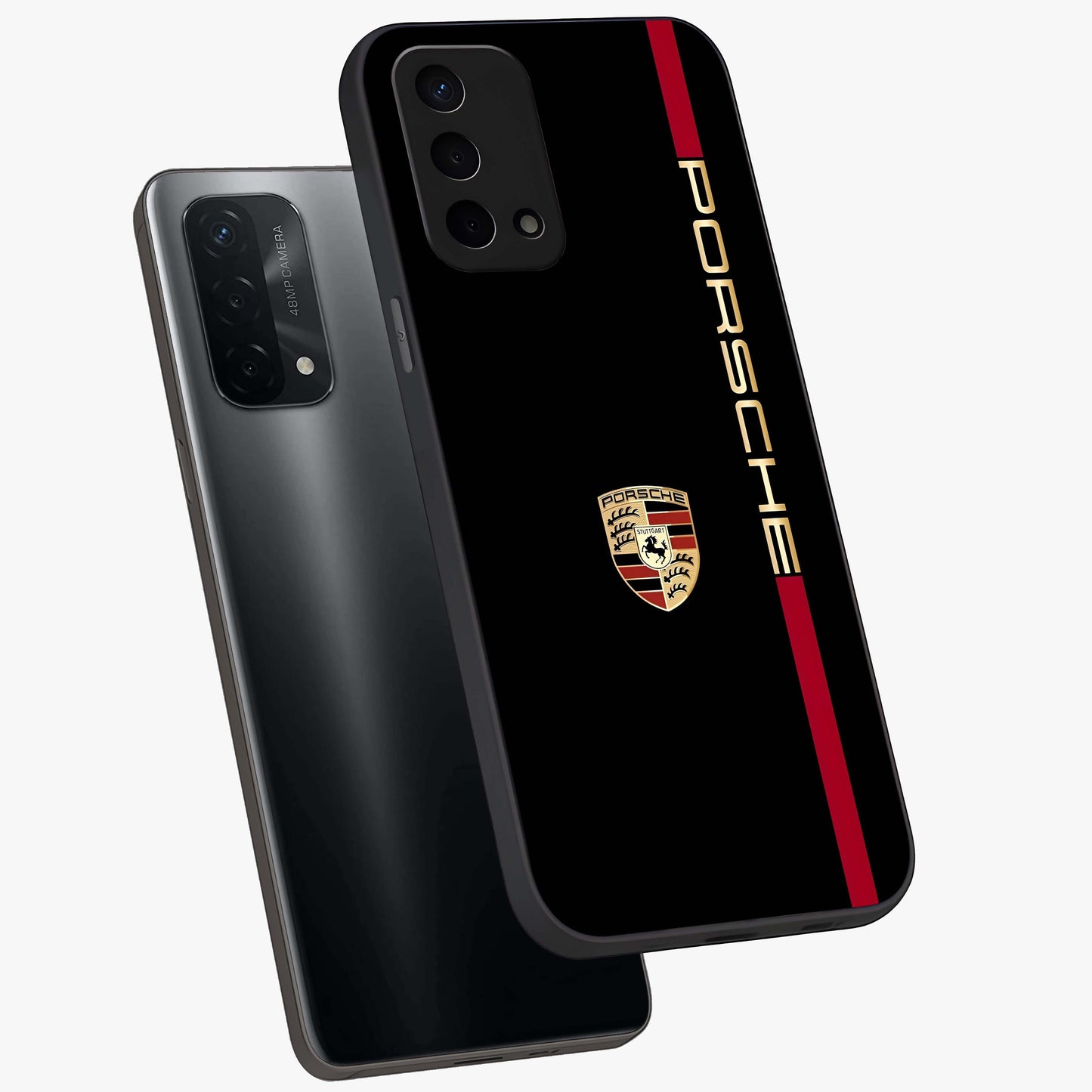 Black Minimal Porsche Glass Case displayed in angled mockup highlighting modern minimal car illustration and clean aesthetic design.