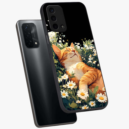 Blissful Bloom Cat Glass Case displayed in angled mockup highlighting playful feline illustration with soft floral aesthetic.
