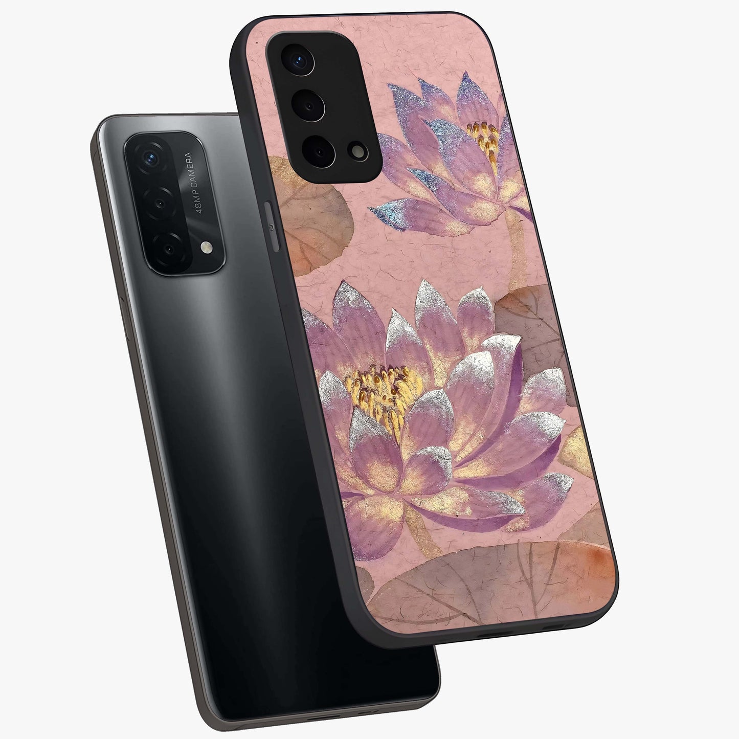 Blossom Mist Lotus Glass Case displayed in angled mockup highlighting delicate lotus illustration with calm aesthetic theme.