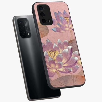Blossom Mist Lotus Glass Case displayed in angled mockup highlighting delicate lotus illustration with calm aesthetic theme.