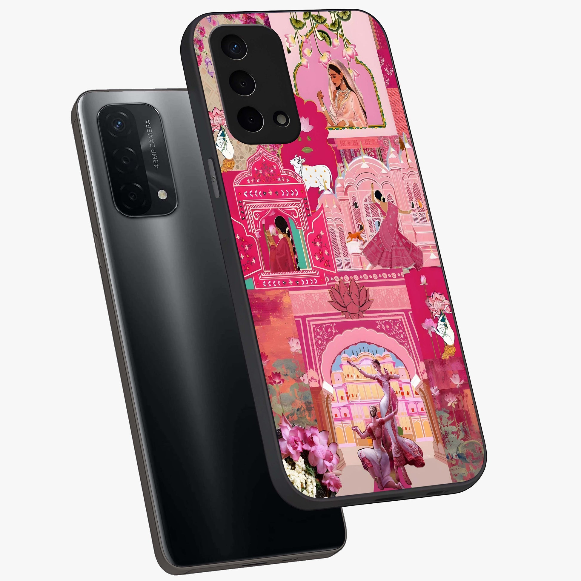 Blossoms of Rajasthan Glass Case displayed in angled mockup highlighting vibrant floral pattern with cultural aesthetic style.