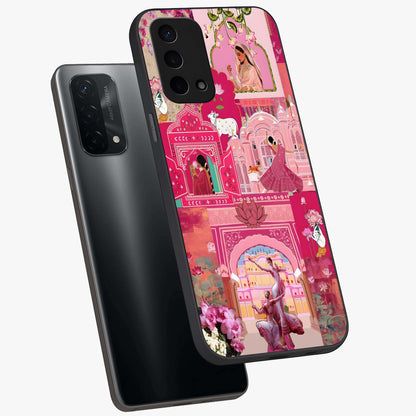 Blossoms of Rajasthan Glass Case displayed in angled mockup highlighting vibrant floral pattern with cultural aesthetic style.
