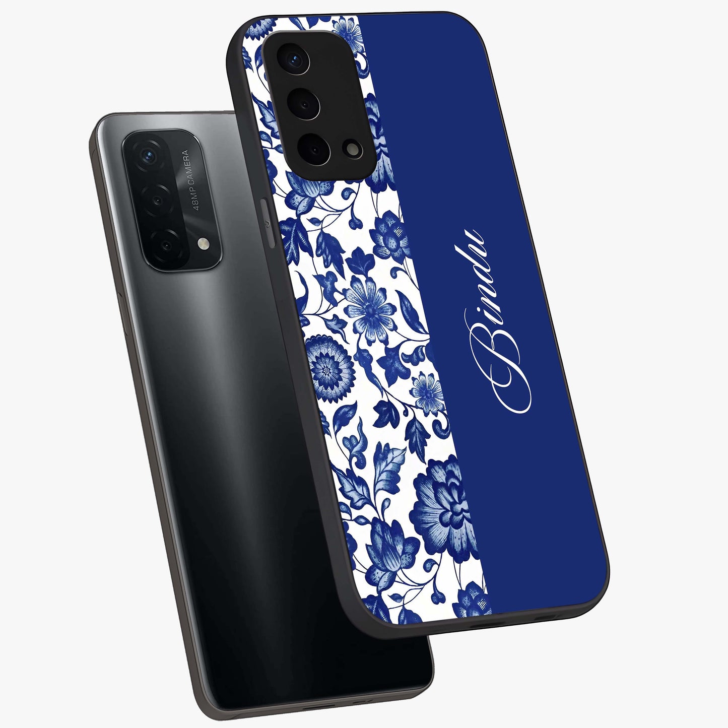 Blue Vintage Floral Pattern Glass Case displayed in angled mockup highlighting subtle bloom pattern with aesthetic pastel design.