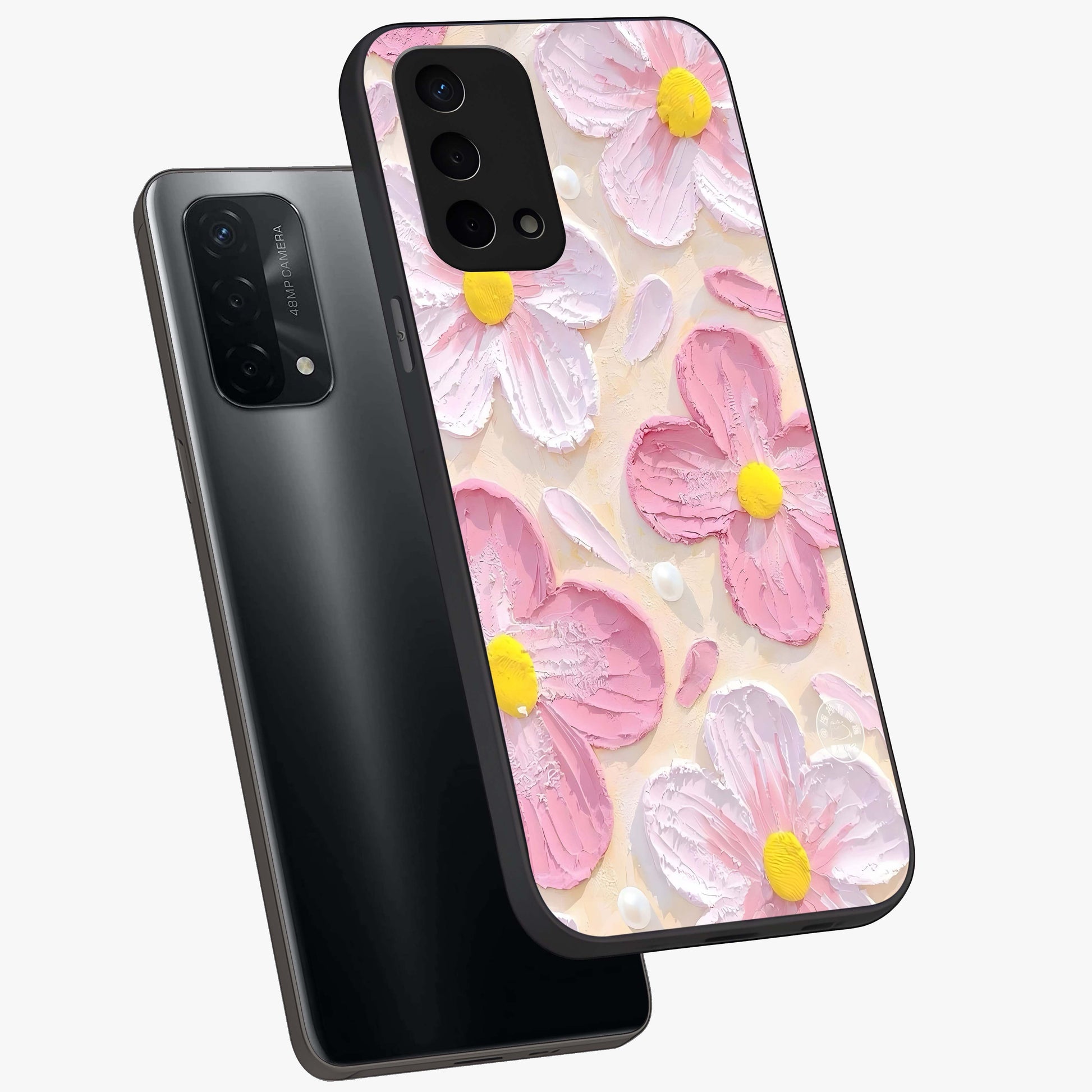 Blush Bloom Texture Glass Case displayed in angled mockup highlighting subtle bloom pattern with aesthetic pastel design.
