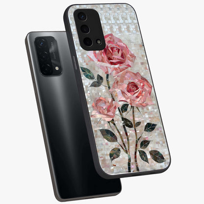 Blush Mosaic Bloom Glass Case displayed in angled mockup highlighting artistic mosaic flower pattern with aesthetic design.