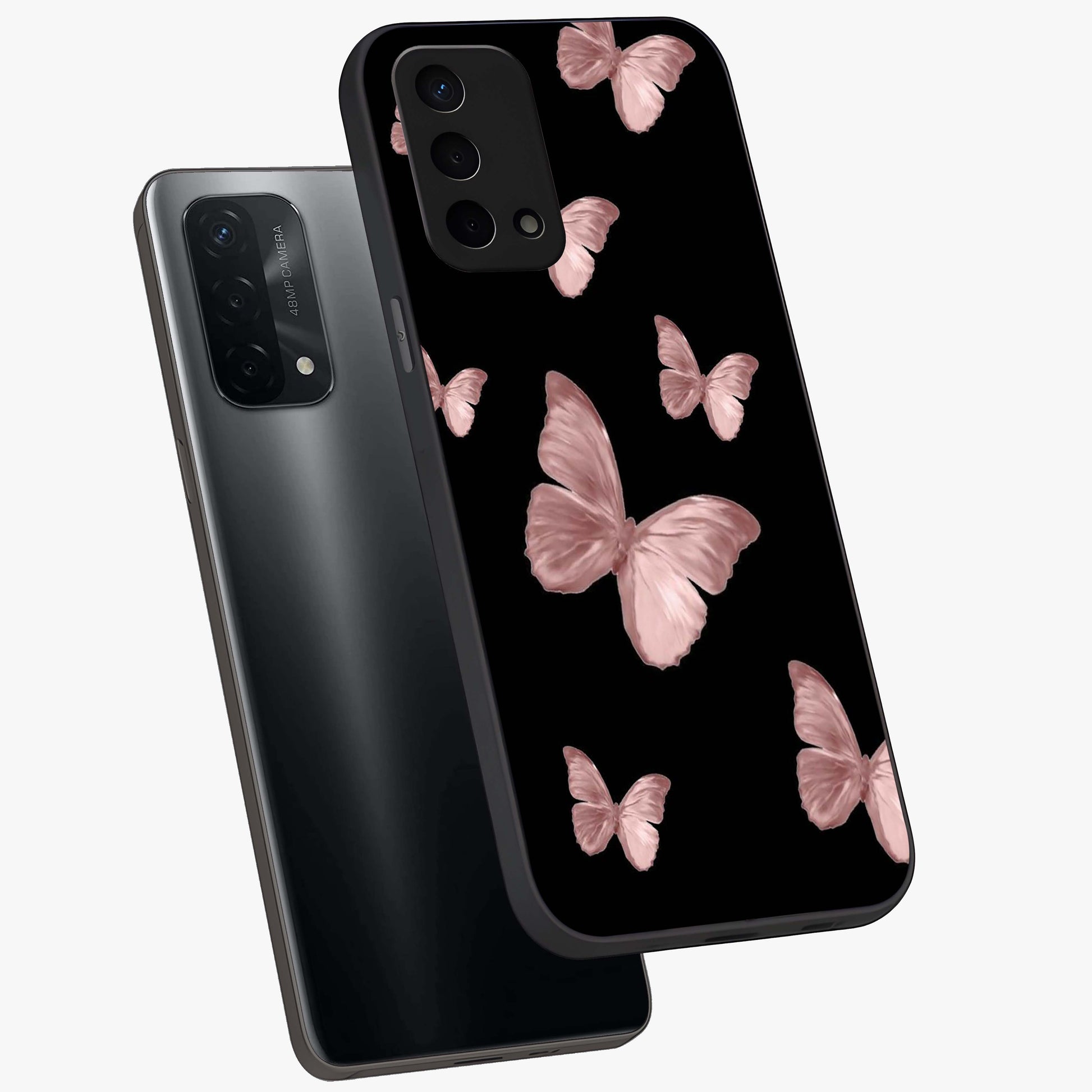 Butterfly Pattern Glass Case displayed in angled mockup highlighting delicate butterfly design and aesthetic pattern style.
