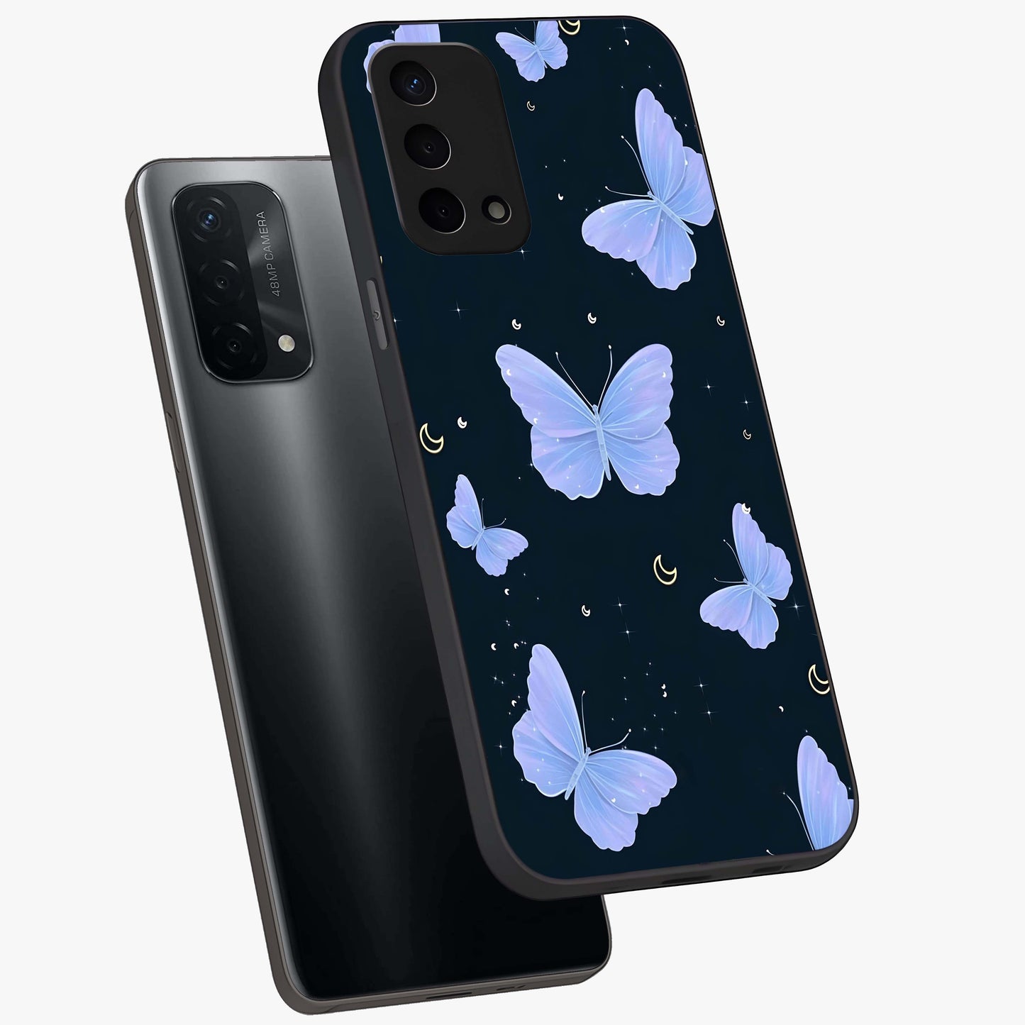 Butterfly With Stars Pattern Glass Case displayed in angled mockup highlighting dreamy butterfly and star design with aesthetic theme.