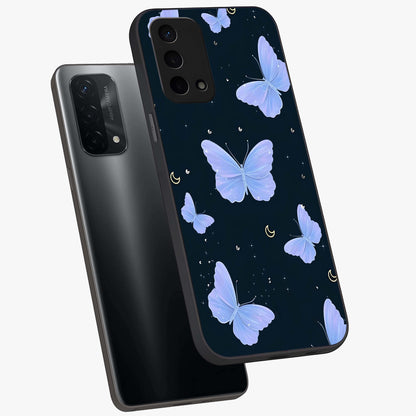 Butterfly With Stars Pattern Glass Case displayed in angled mockup highlighting dreamy butterfly and star design with aesthetic theme.