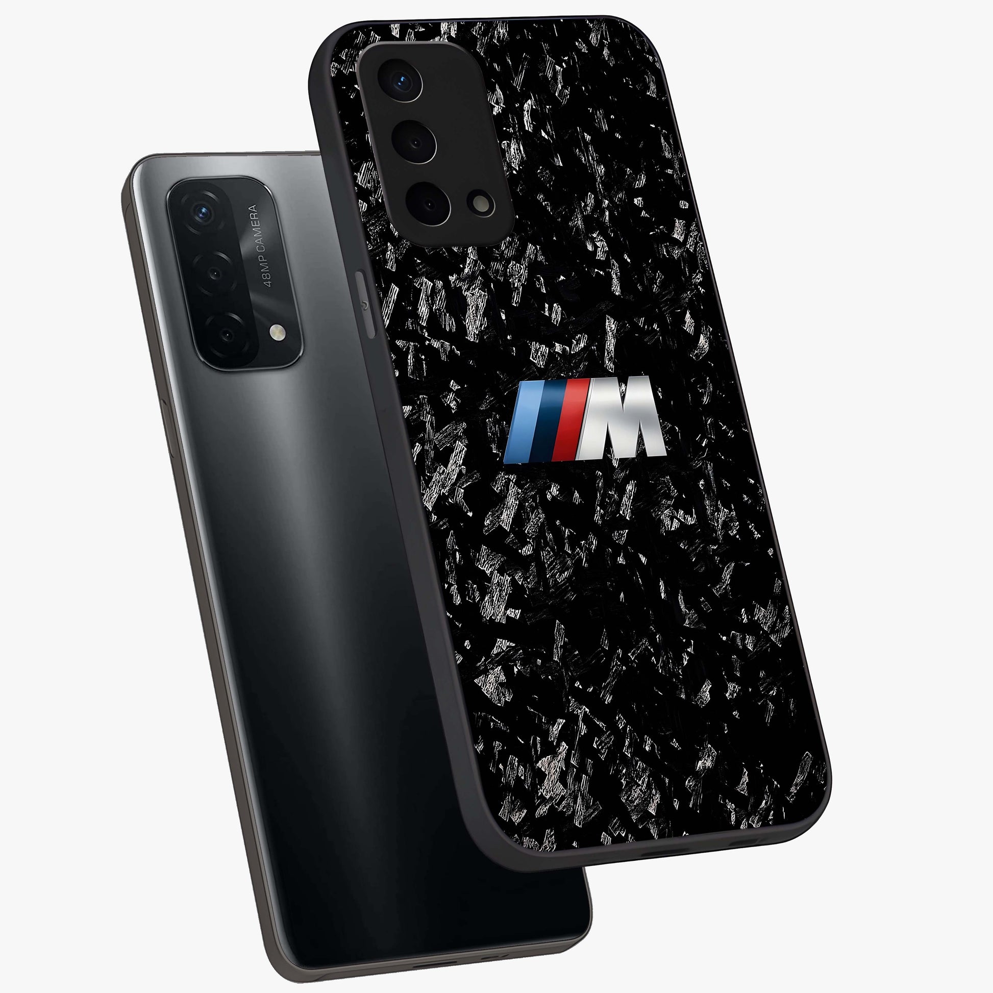 Carbon Speed Mark Glass Case displayed in angled mockup highlighting racing inspired carbon design and sleek aesthetic style.