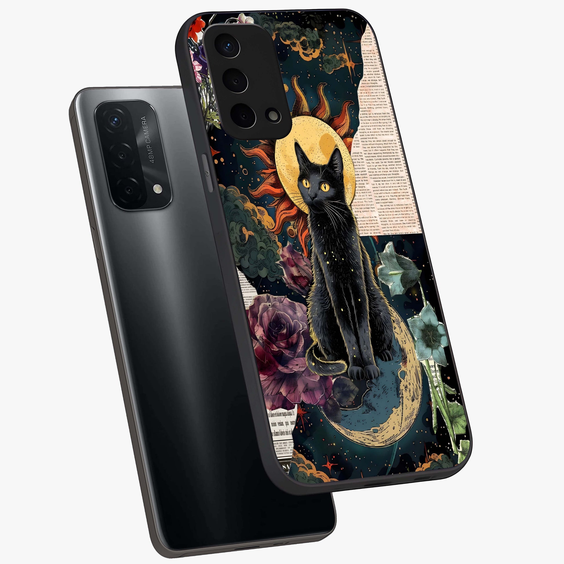 Celestial Black Cat Glass Case displayed in angled mockup highlighting cosmic black cat design with celestial aesthetic.