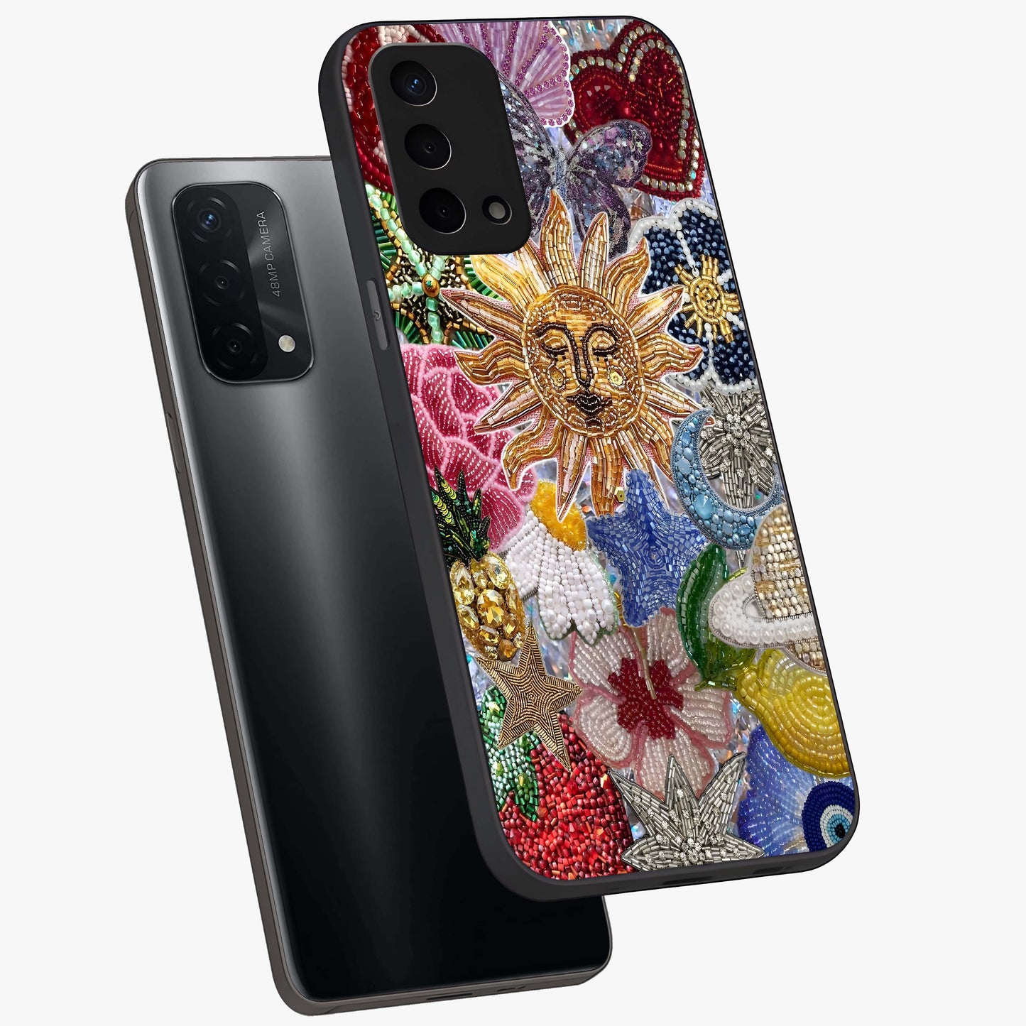 Celestial Floral and Playful Glass Case displayed in angled mockup highlighting playful floral design with dreamy celestial elements.