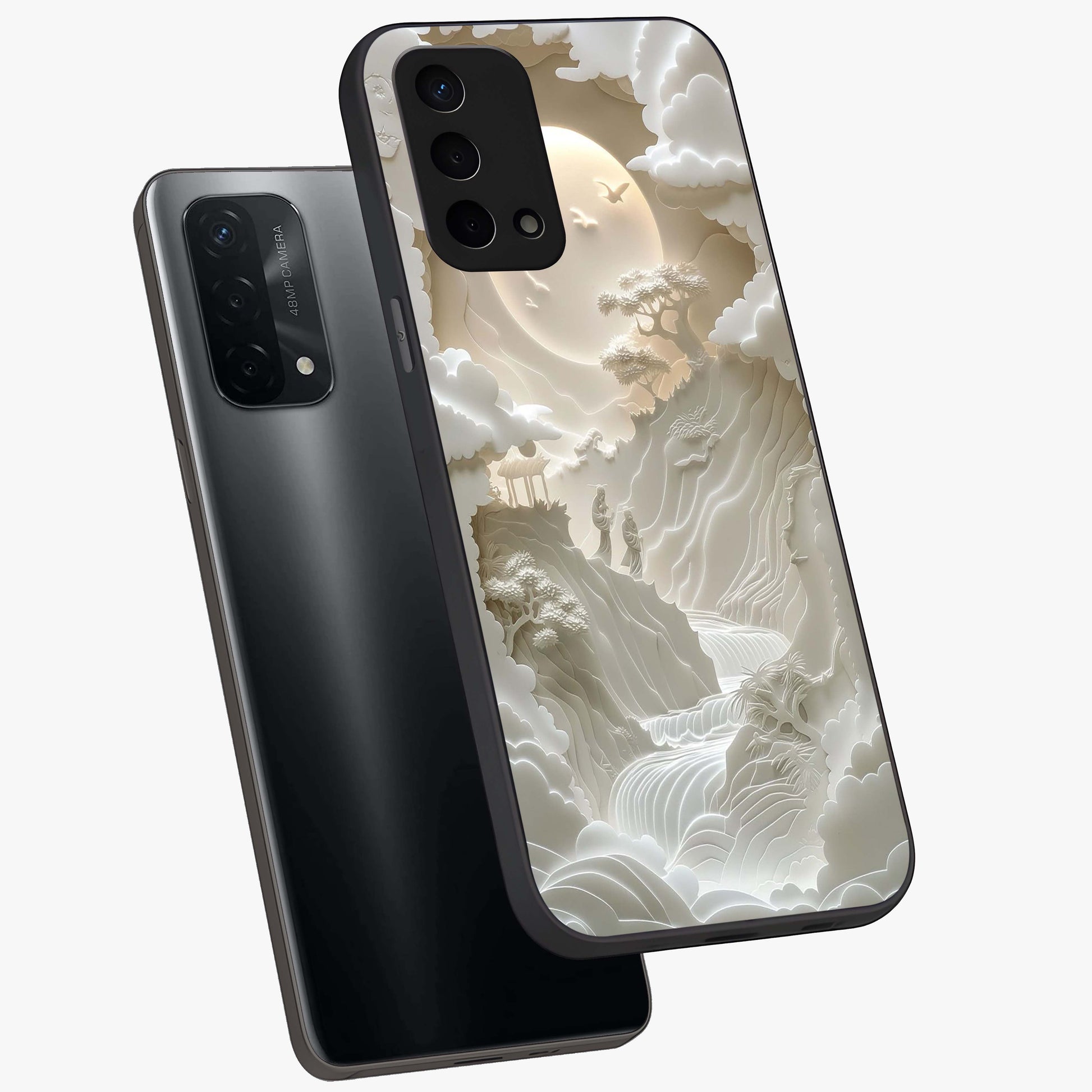 Celestial Origami Glass Case displayed in angled mockup highlighting geometric origami design with cosmic aesthetic theme.