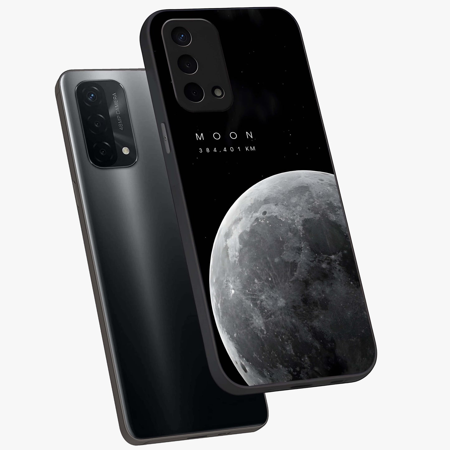 Cosmic Moon Glow Glass Case displayed in angled mockup highlighting celestial moon design with cosmic aesthetic theme.