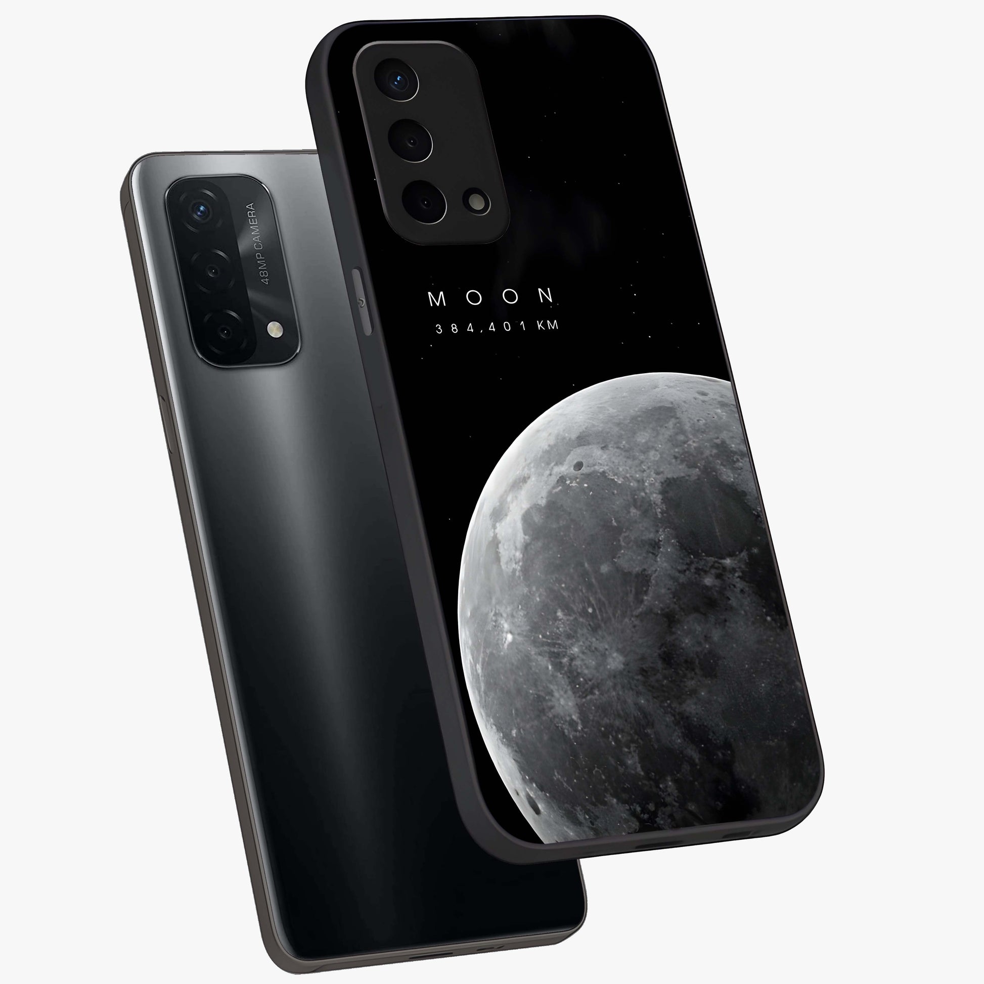 Cosmic Moon Glow Glass Case displayed in angled mockup highlighting celestial moon design with cosmic aesthetic theme.