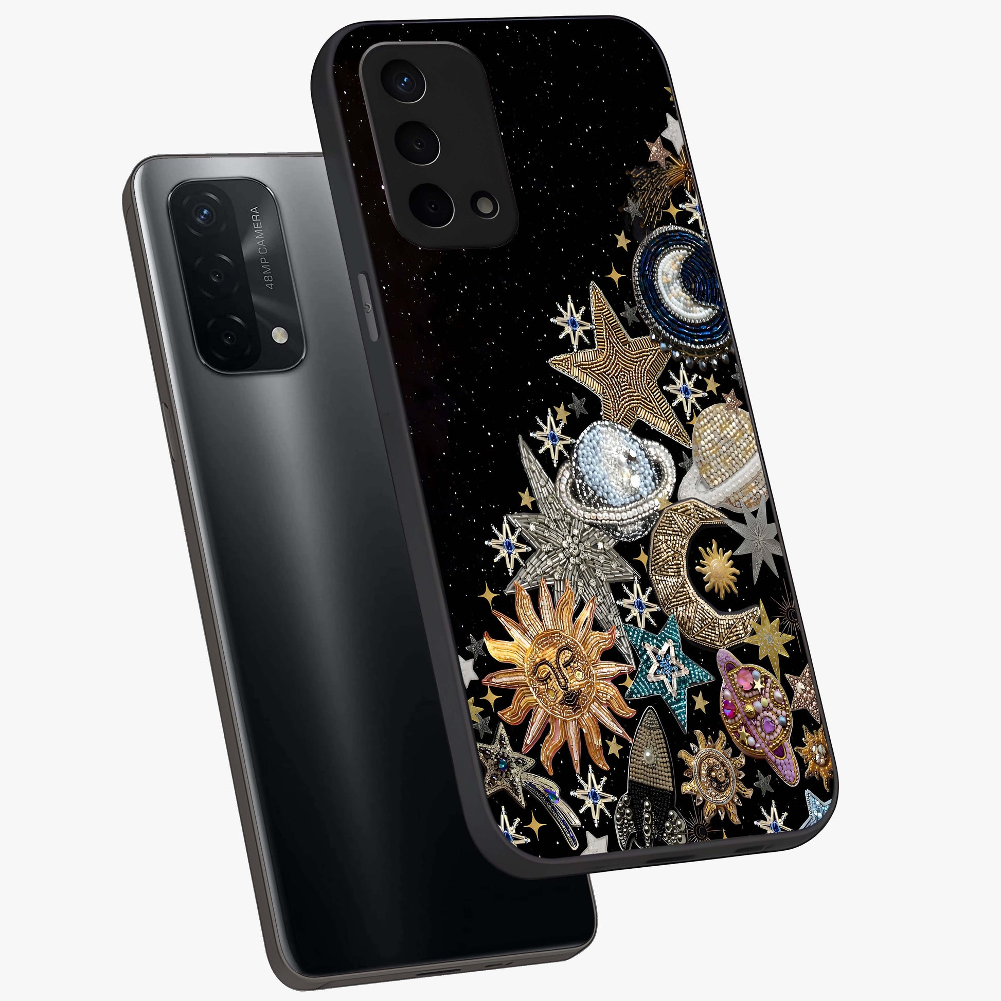 Cosmic Sparkle Dreams Glass Case displayed in angled mockup highlighting dreamy star sparkle design with celestial aesthetic.
