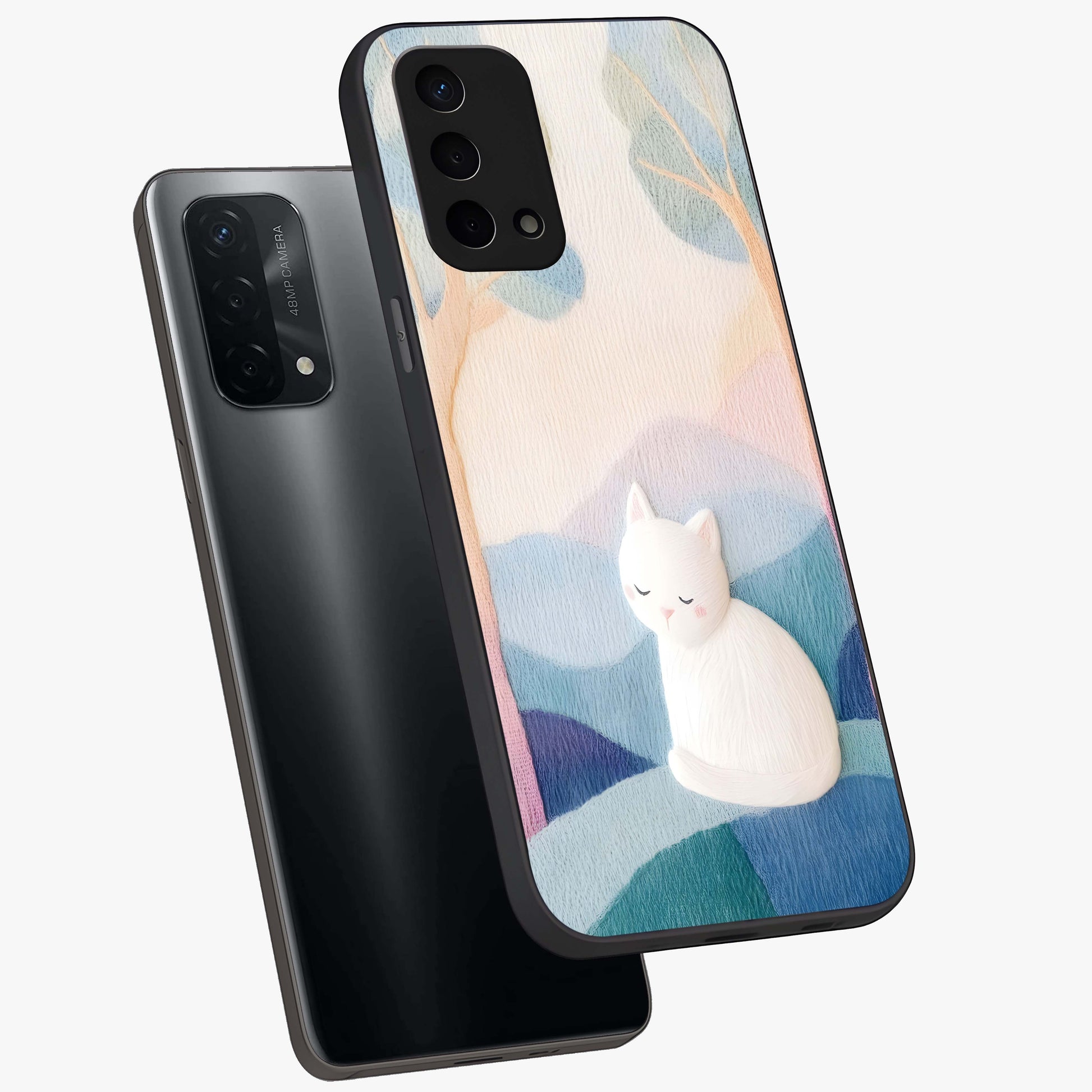Cotton Dream Cat Glass Case displayed in angled mockup highlighting cute feline illustration with pastel aesthetic style.