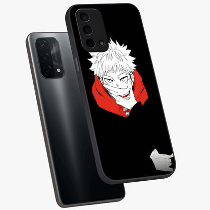 Crimson Chaos Smile Glass Case displayed in angled mockup highlighting edgy crimson smile design with graphic aesthetic.