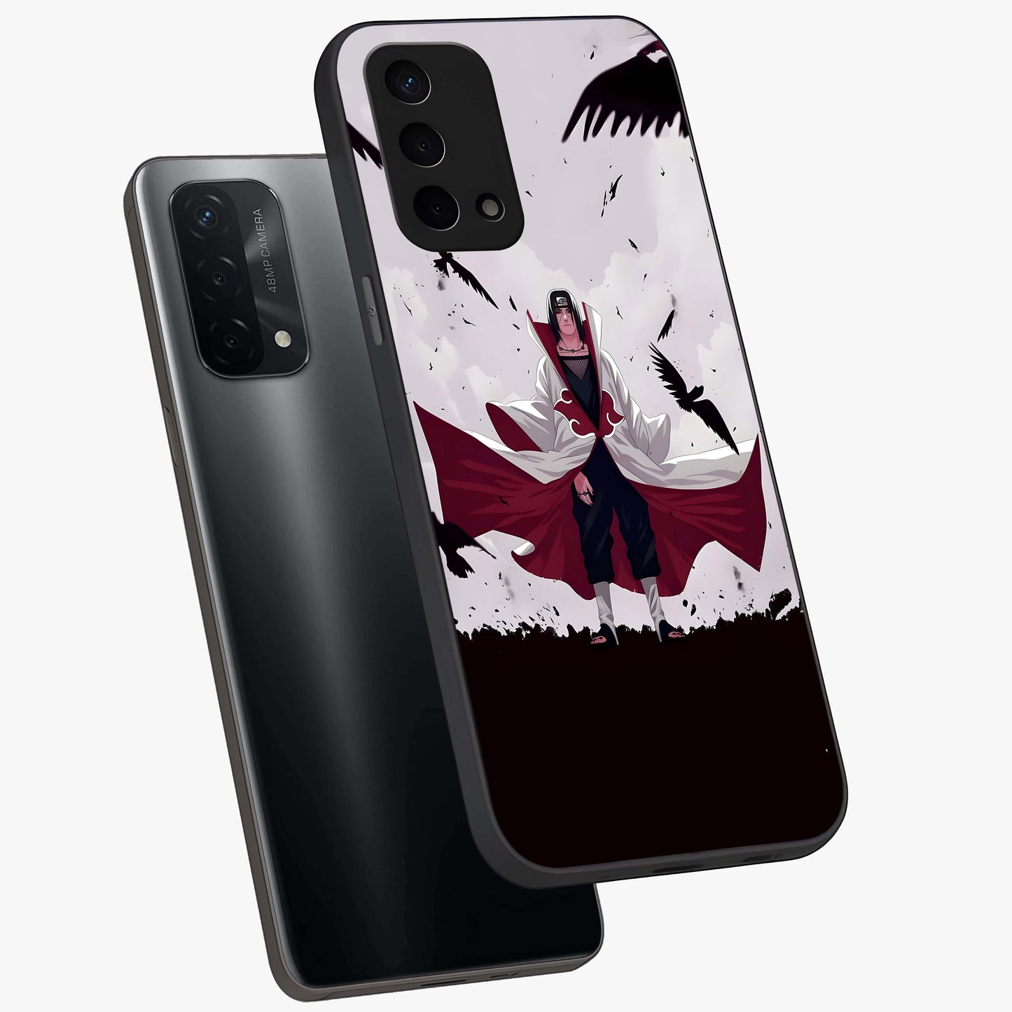 Crimson Crow Ascension Glass Case displayed in angled mockup highlighting powerful crow illustration with dark crimson aesthetic.