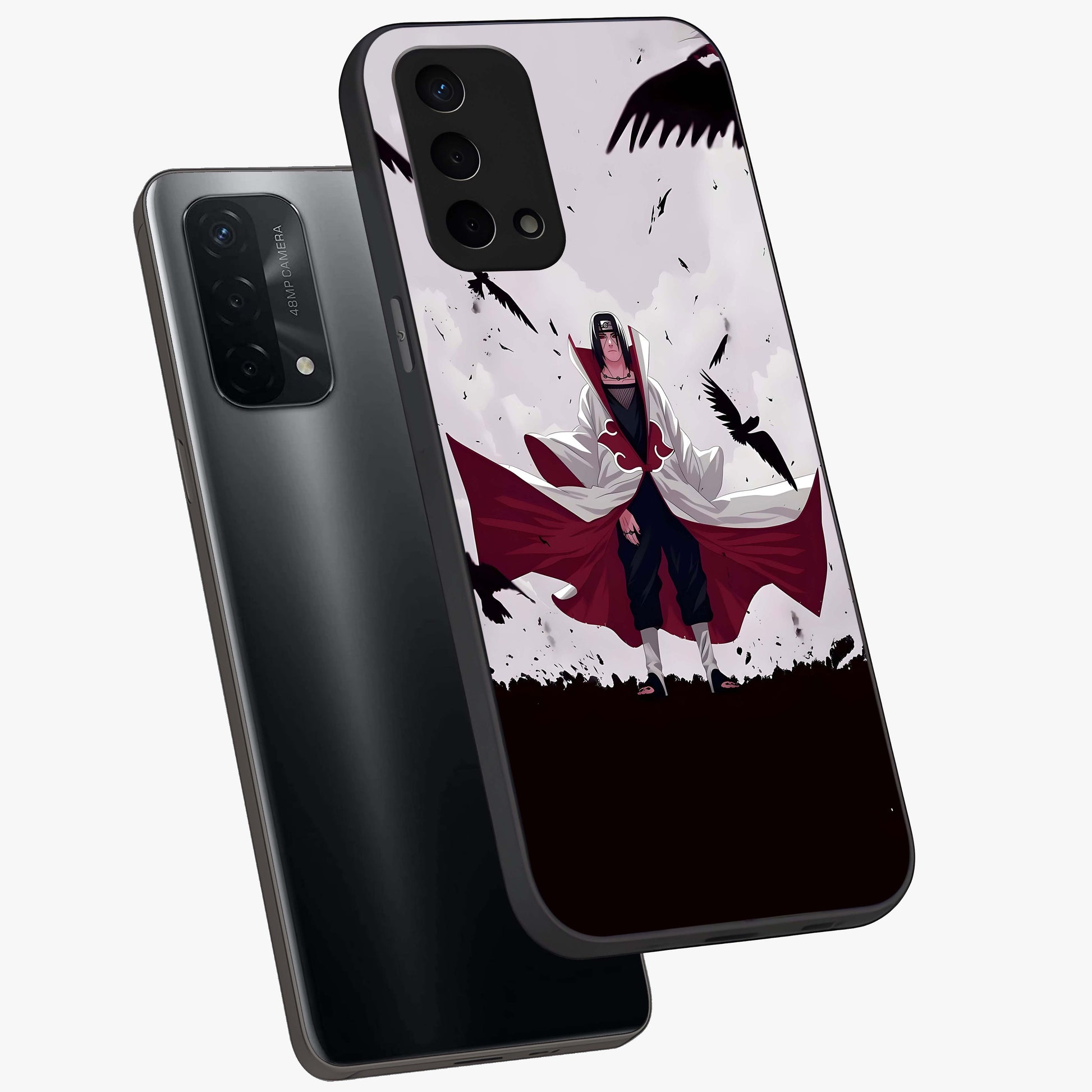 Crimson Crow Ascension Glass Case displayed in angled mockup highlighting powerful crow illustration with dark crimson aesthetic.