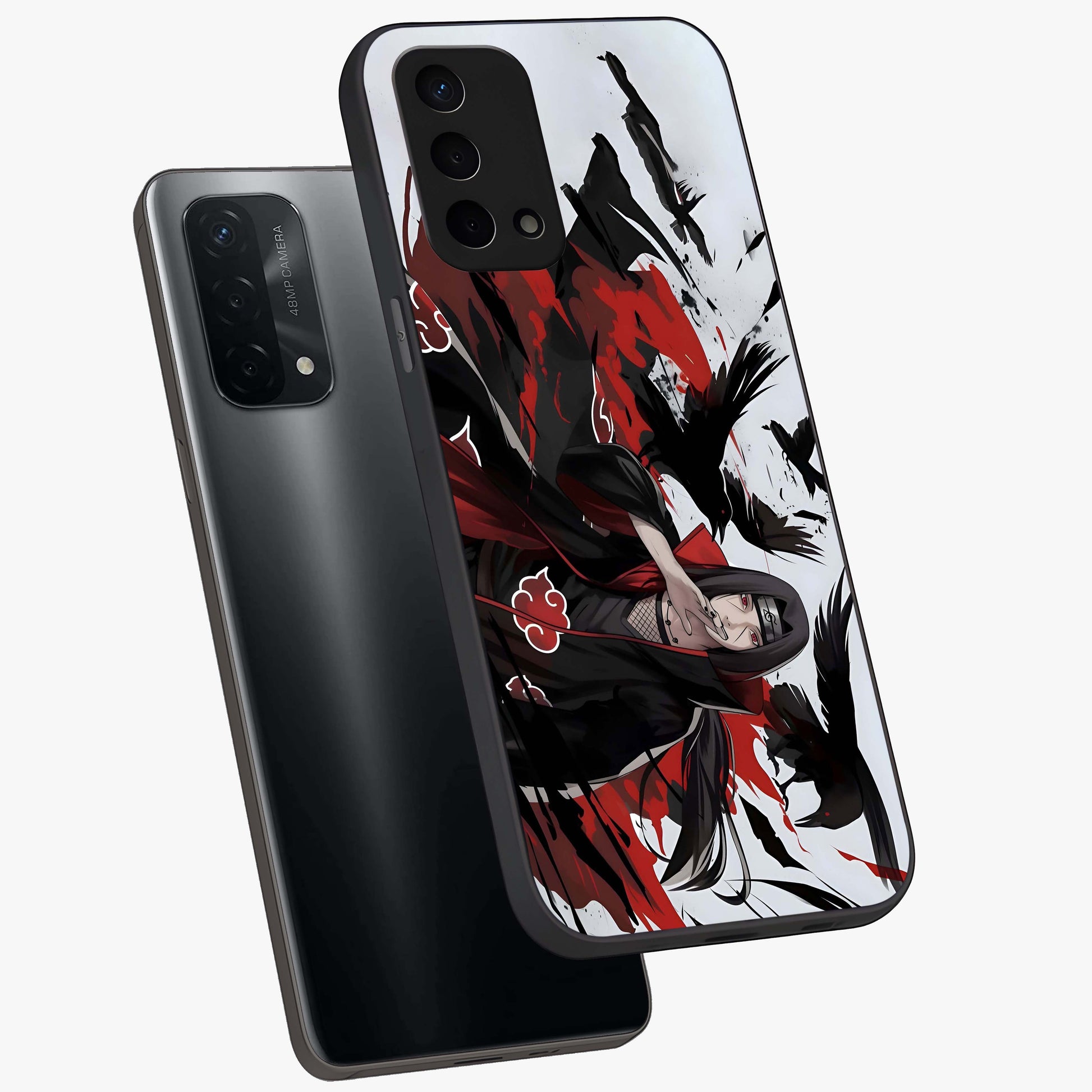 Crimson Crow Illusion Glass Case displayed in angled mockup highlighting mysterious crow graphic with dark aesthetic style.