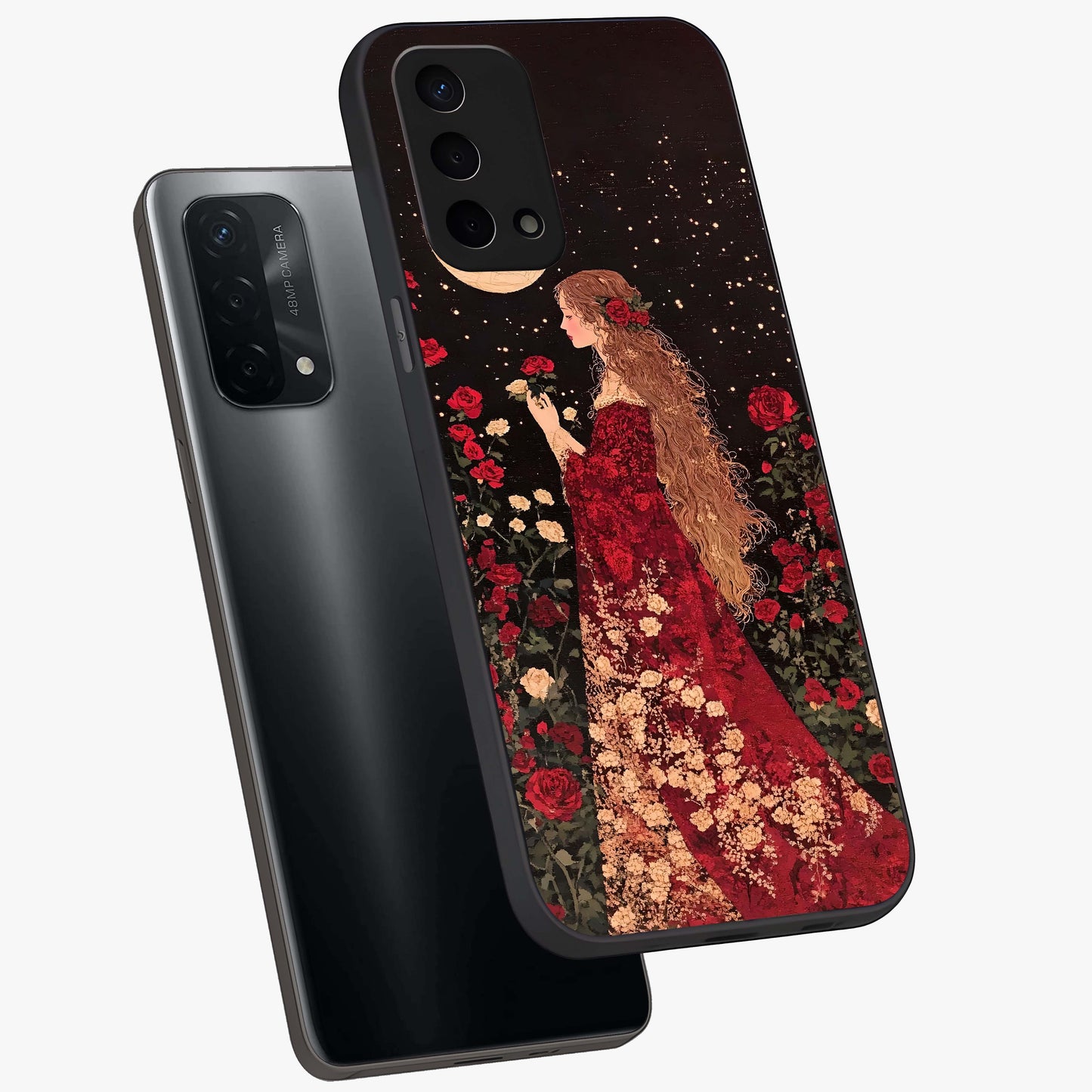 Crimson Dreams Glass Case displayed in angled mockup highlighting soft crimson aesthetic design with artistic theme.