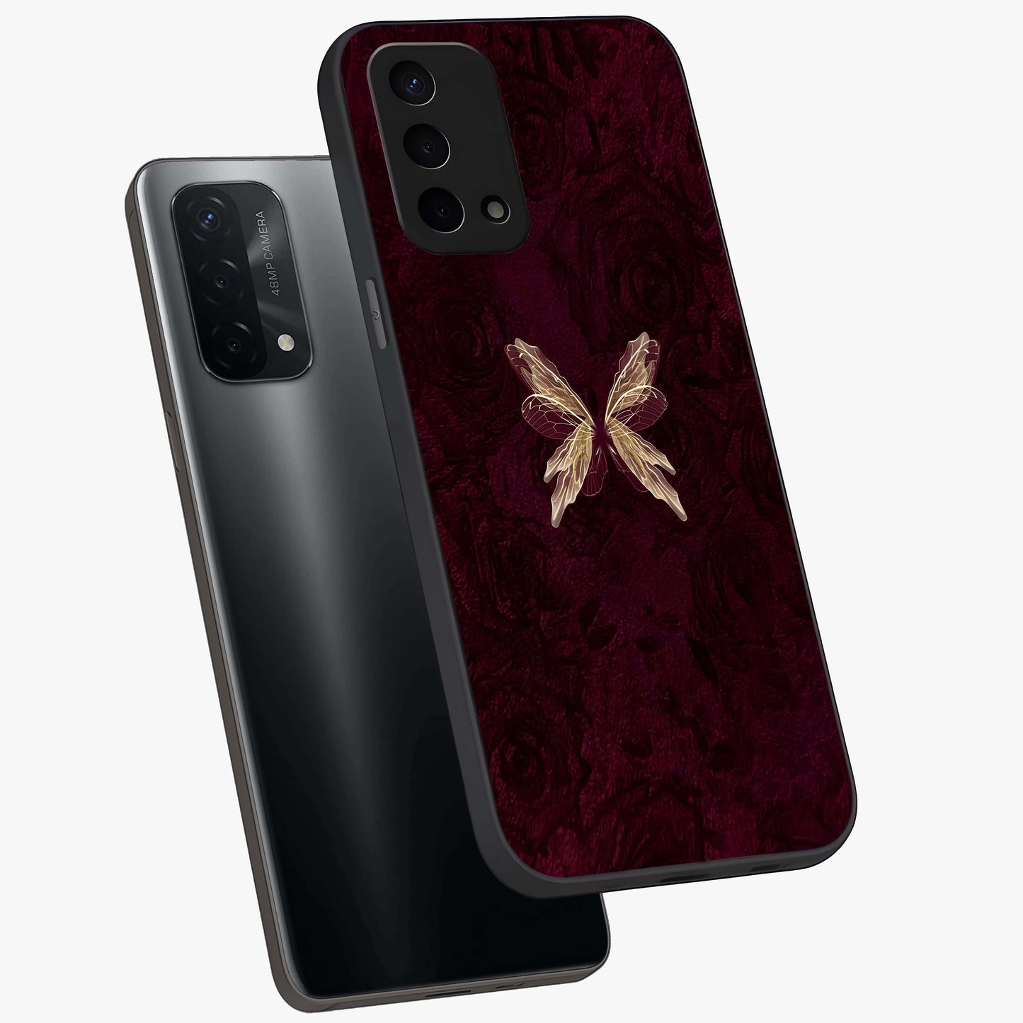 Crimson Fade Butterfly Glass Case displayed in angled mockup highlighting elegant butterfly design with crimson gradient aesthetic.