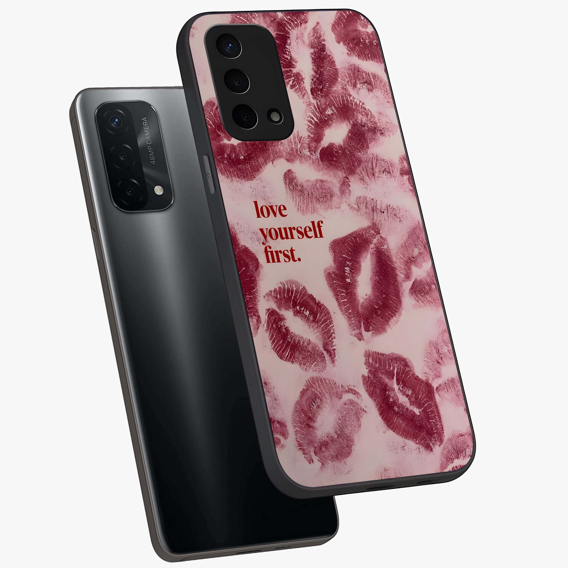 Crimson Kiss Love Glass Case displayed in angled mockup highlighting bold love inspired design with modern aesthetic style.