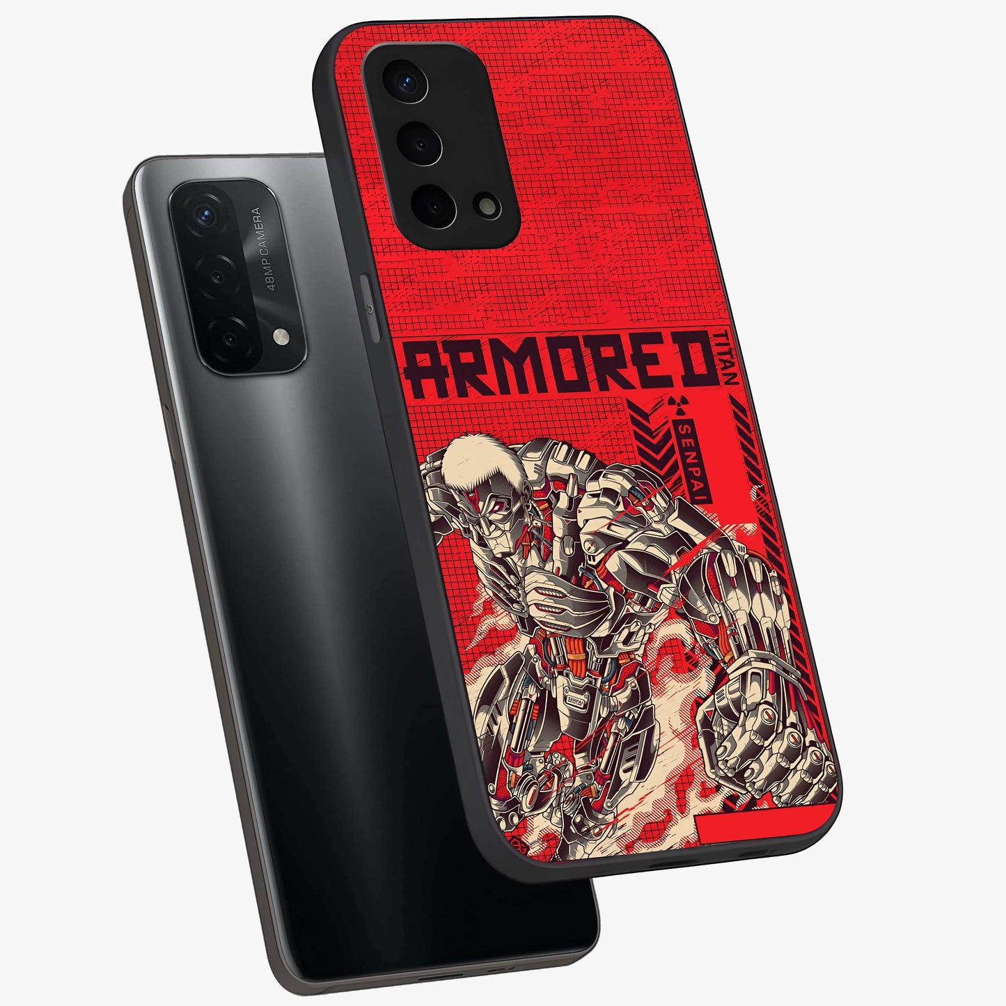 Crimson Mecha Titan Glass Case displayed in angled mockup highlighting futuristic mech illustration with bold crimson aesthetic.