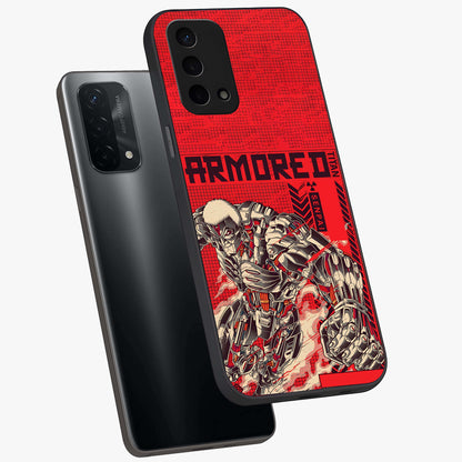 Crimson Mecha Titan Glass Case displayed in angled mockup highlighting futuristic mech illustration with bold crimson aesthetic.