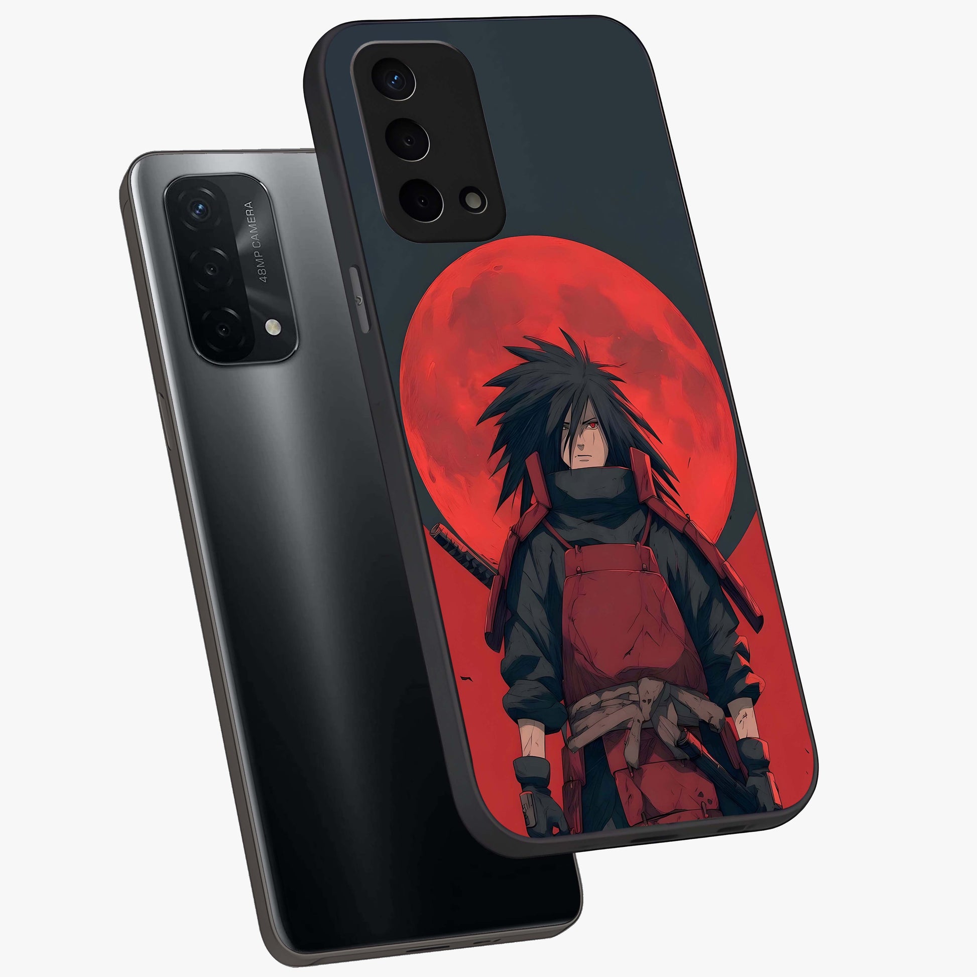 Crimson Moon Warlord Glass Case displayed in angled mockup highlighting dramatic crimson moon design with fantasy aesthetic.
