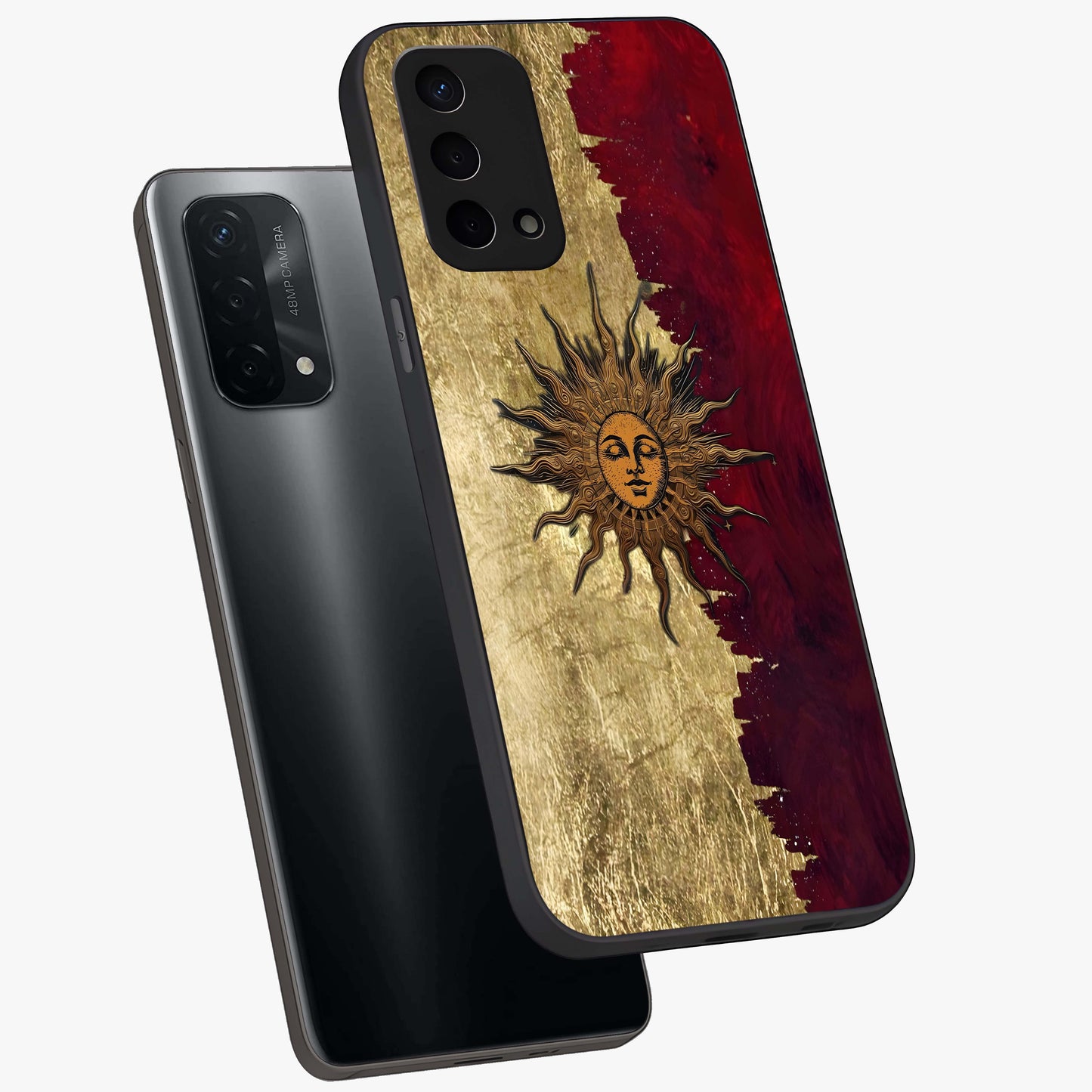 Crimson Sun Majesty Glass Case displayed in angled mockup highlighting majestic crimson sun design with bold aesthetic style.