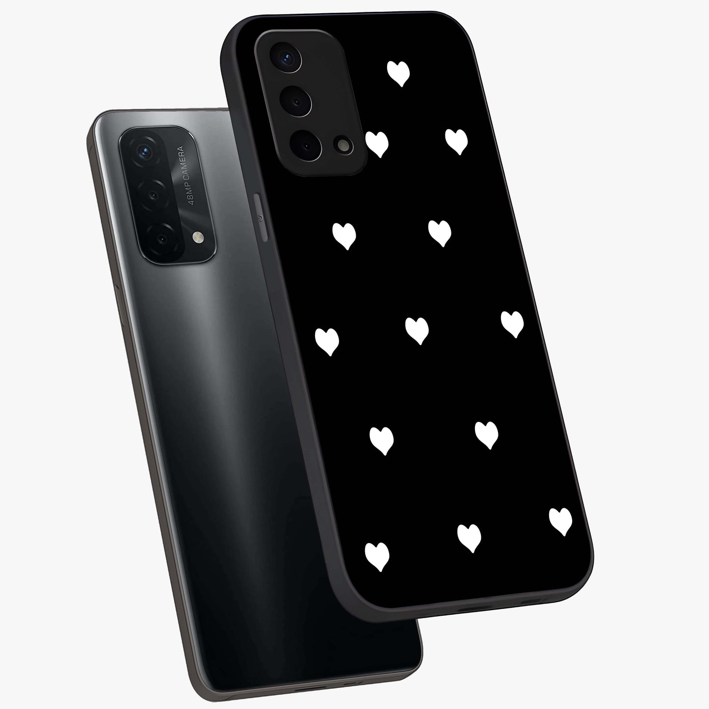 Cute And Simple White Hearts Glass Case displayed in angled mockup highlighting cute heart design with clean aesthetic style.