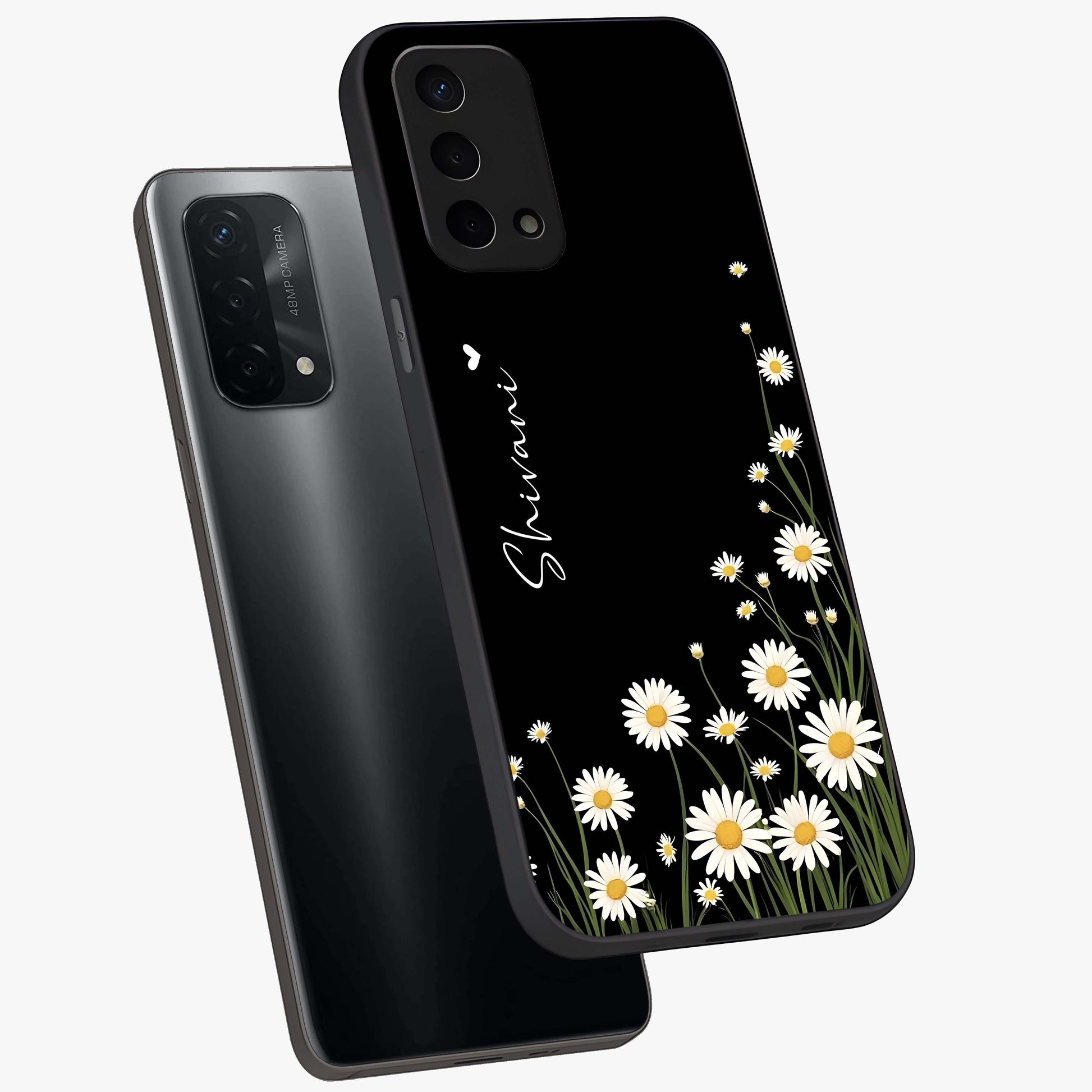 Daisy Cascade Custom Name Glass Case displayed in angled mockup highlighting delicate daisy artwork with custom name feature.