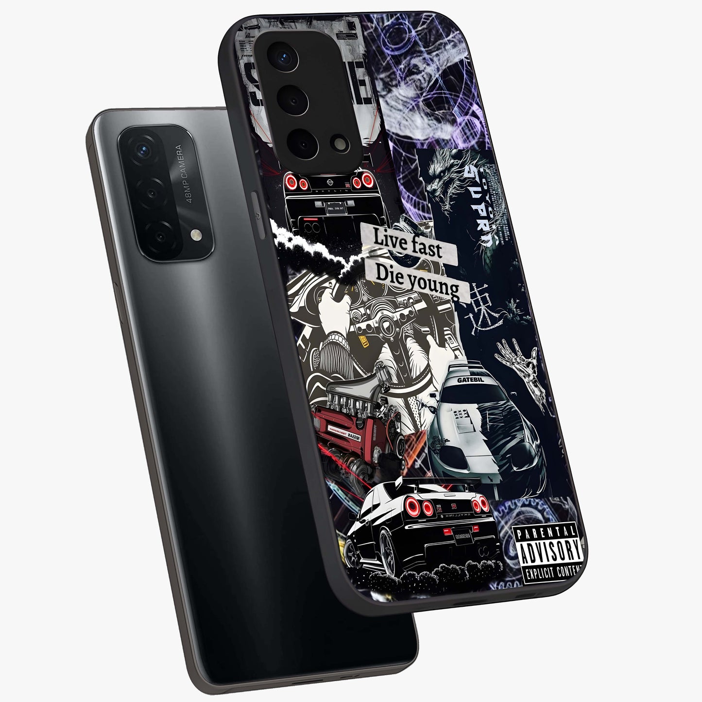 Die Young Glass Case displayed in angled mockup highlighting expressive graphic artwork with edgy aesthetic style.