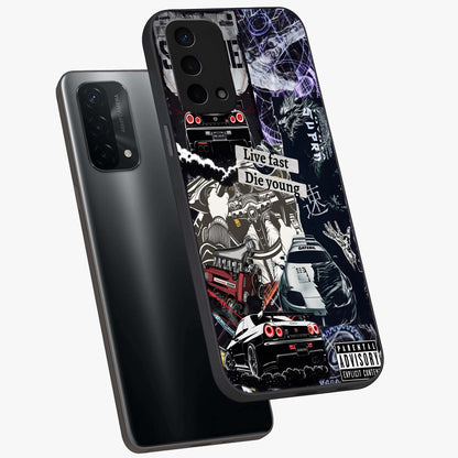 Die Young Glass Case displayed in angled mockup highlighting expressive graphic artwork with edgy aesthetic style.