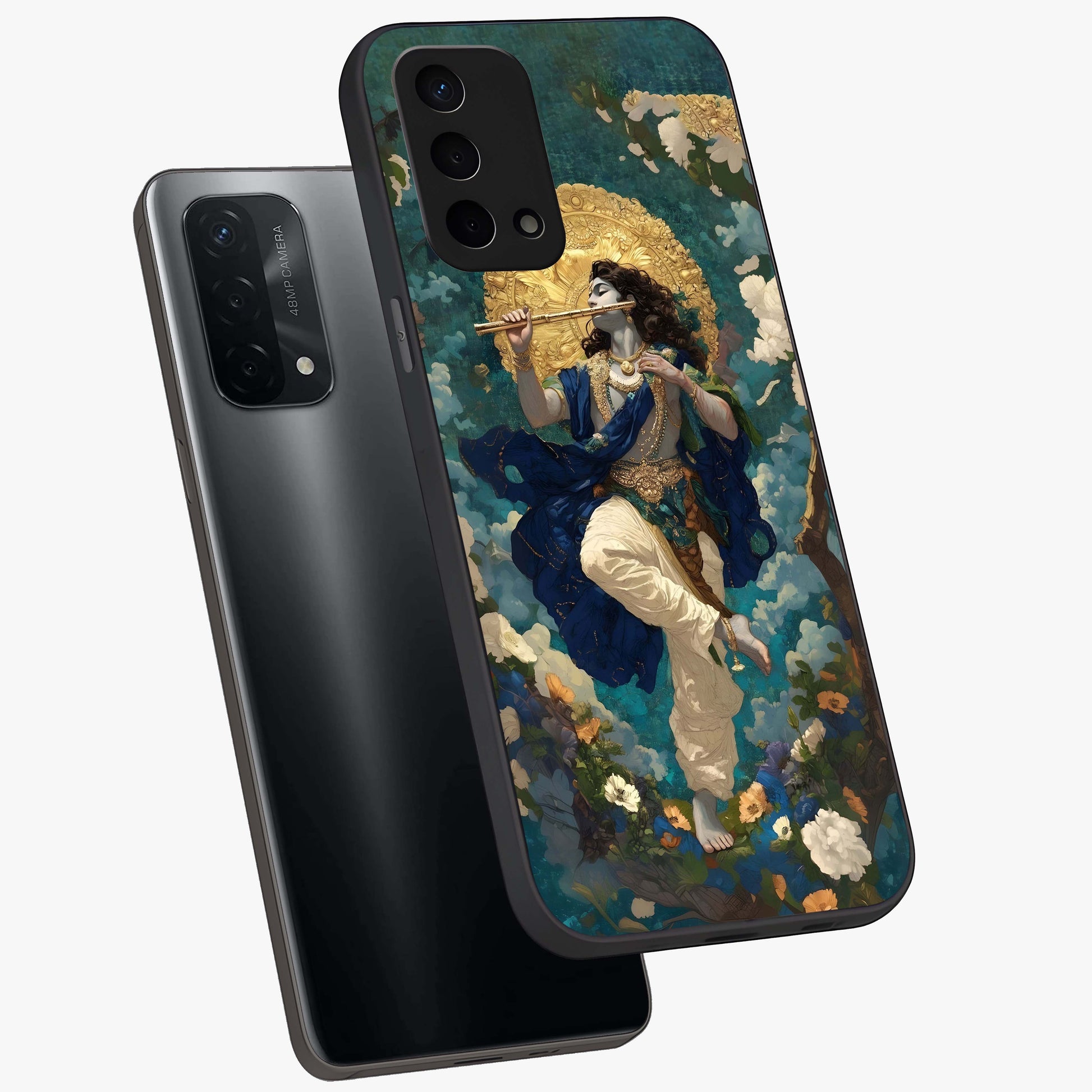 Divine Krishna Art Glass Case displayed in angled mockup highlighting spiritual Krishna illustration with devotional aesthetic.