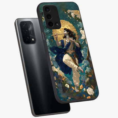 Divine Krishna Art Glass Case displayed in angled mockup highlighting spiritual Krishna illustration with devotional aesthetic.