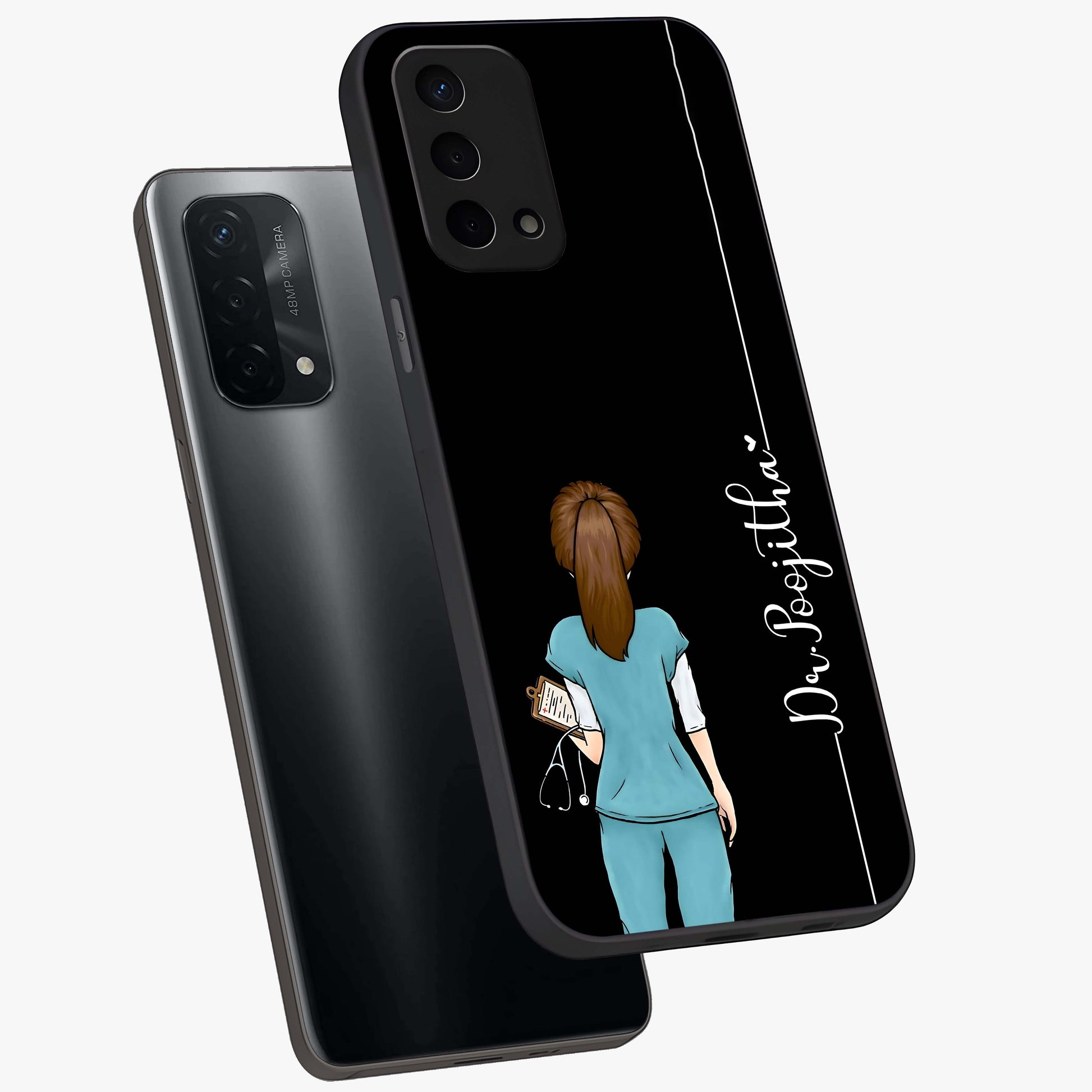 Doctor Pattern Custom Name Glass Case displayed in angled mockup highlighting doctor inspired artwork with custom name feature.