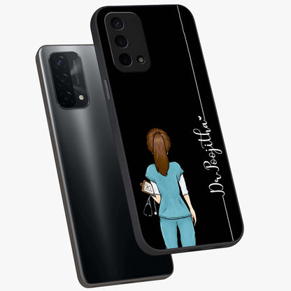 Doctor Pattern Custom Name Glass Case displayed in angled mockup highlighting doctor inspired artwork with custom name feature.