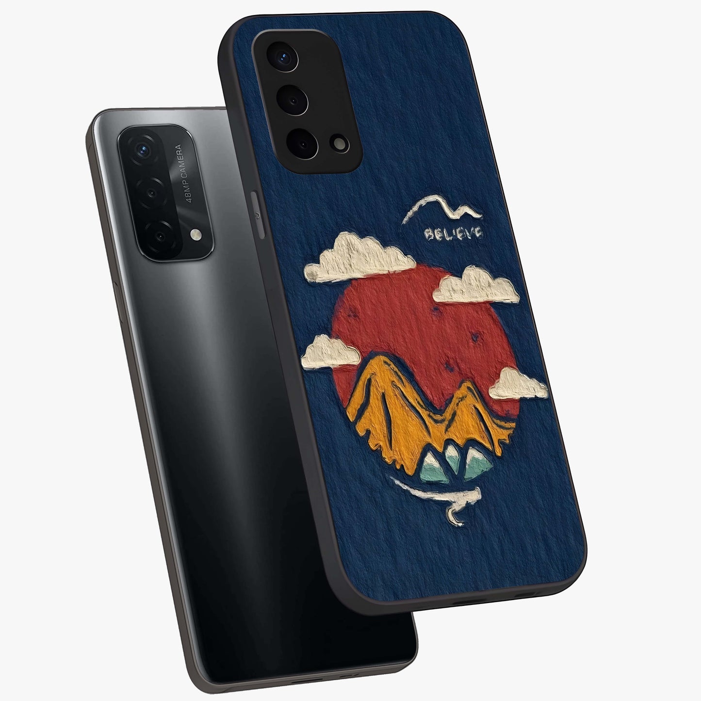 Dream Beyond Mountains Glass Case displayed in angled mockup highlighting dreamy mountain illustration with peaceful aesthetic.